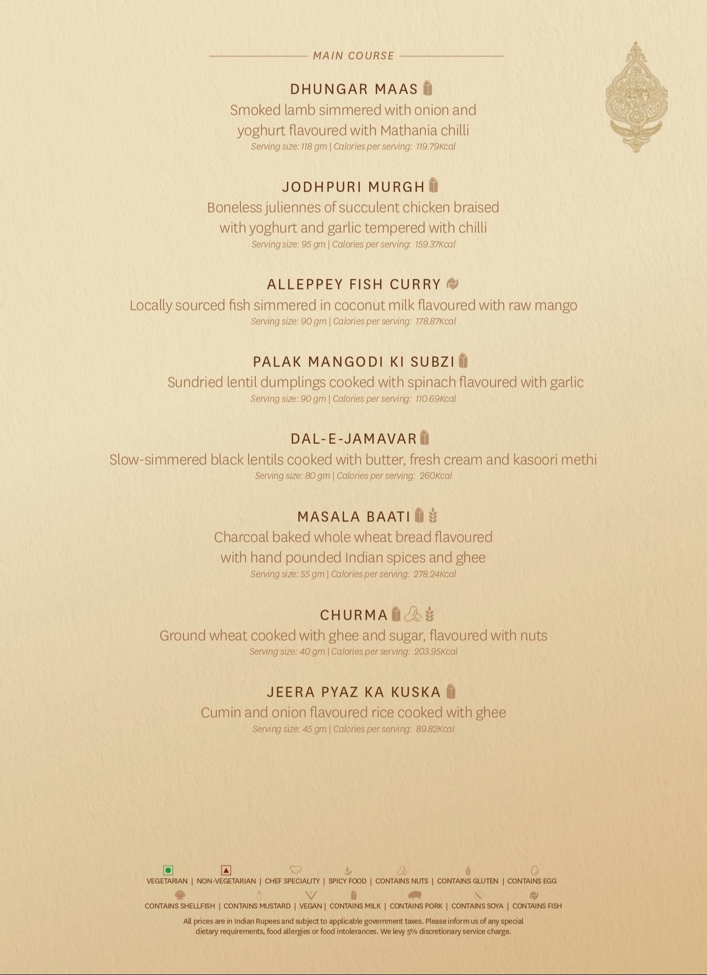 Menu of Jamavar, The Leela Palace Jaipur