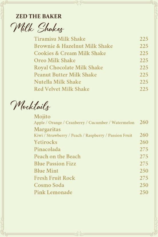 Dining Experience for Two at Zed The Baker, Central Bengaluru — Beverages menu