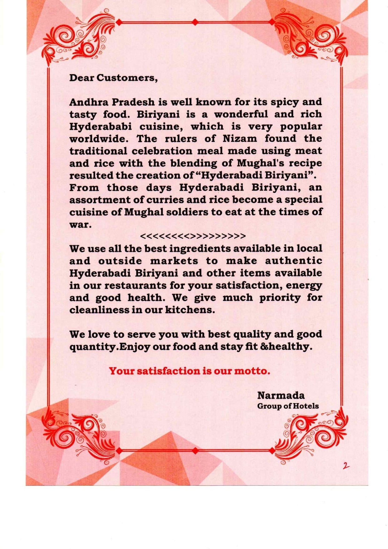 Dining Experience for Two at Narmada Restaurant, East Bengaluru — Food menu