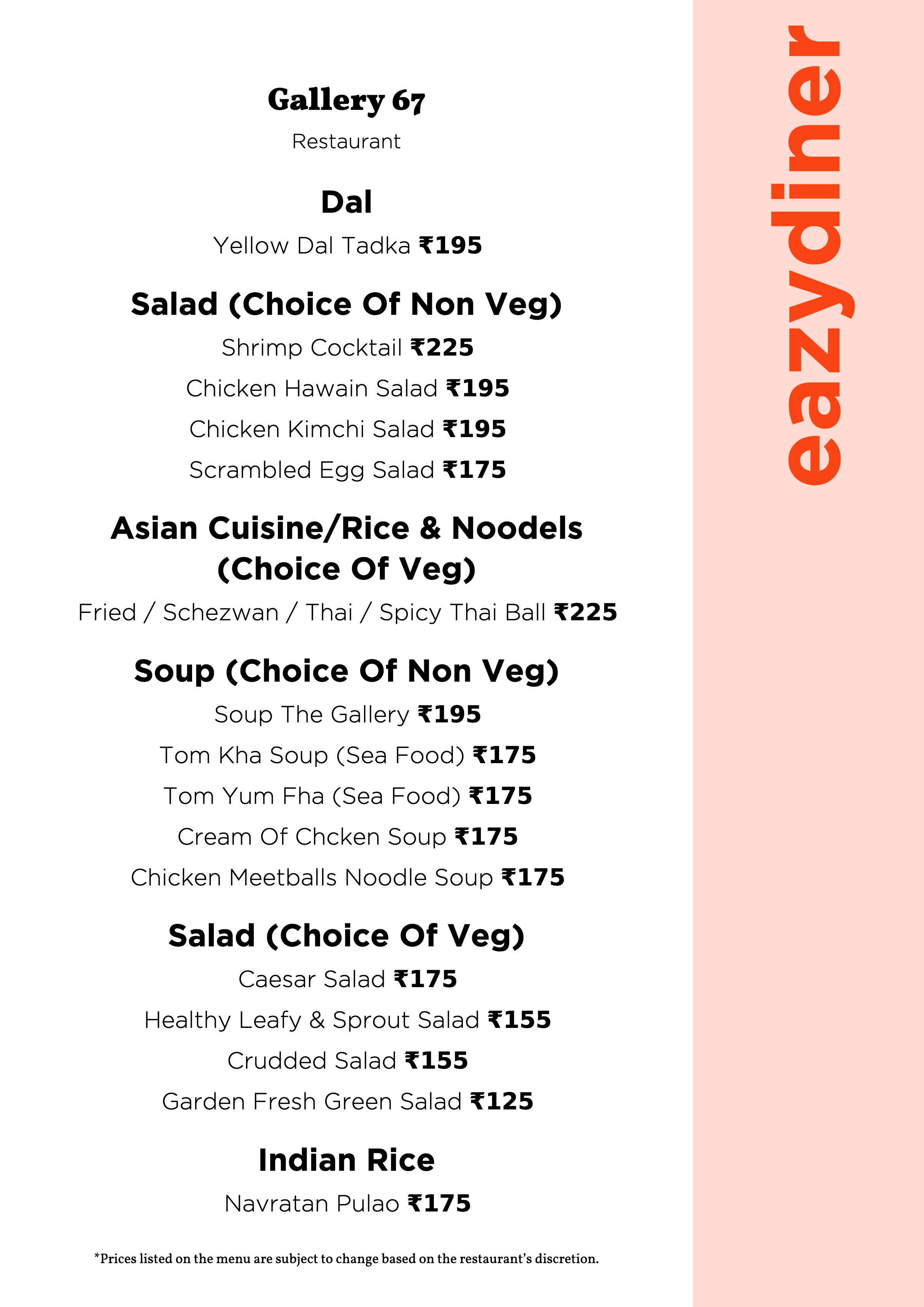 Menu of Gallery 67, Ultadanga, Kolkata