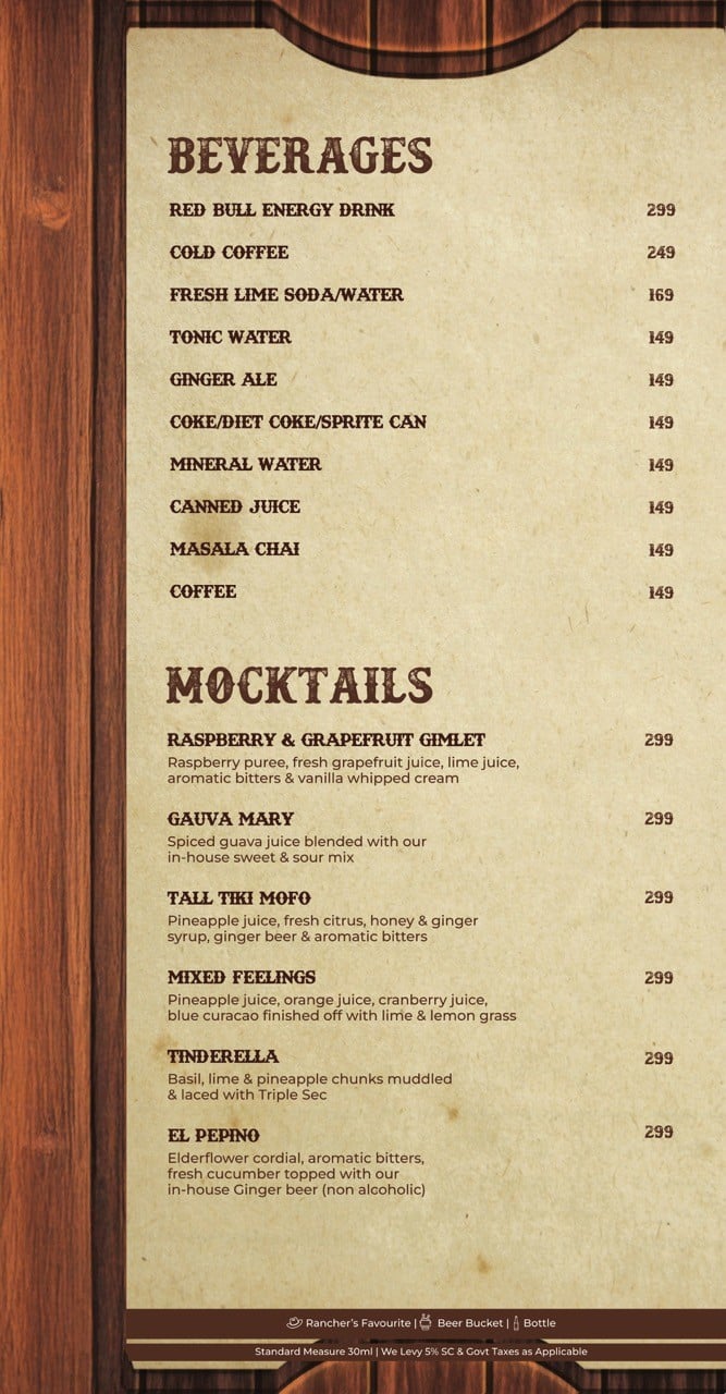 Menu of The Game Ranch, Powai, Central Mumbai