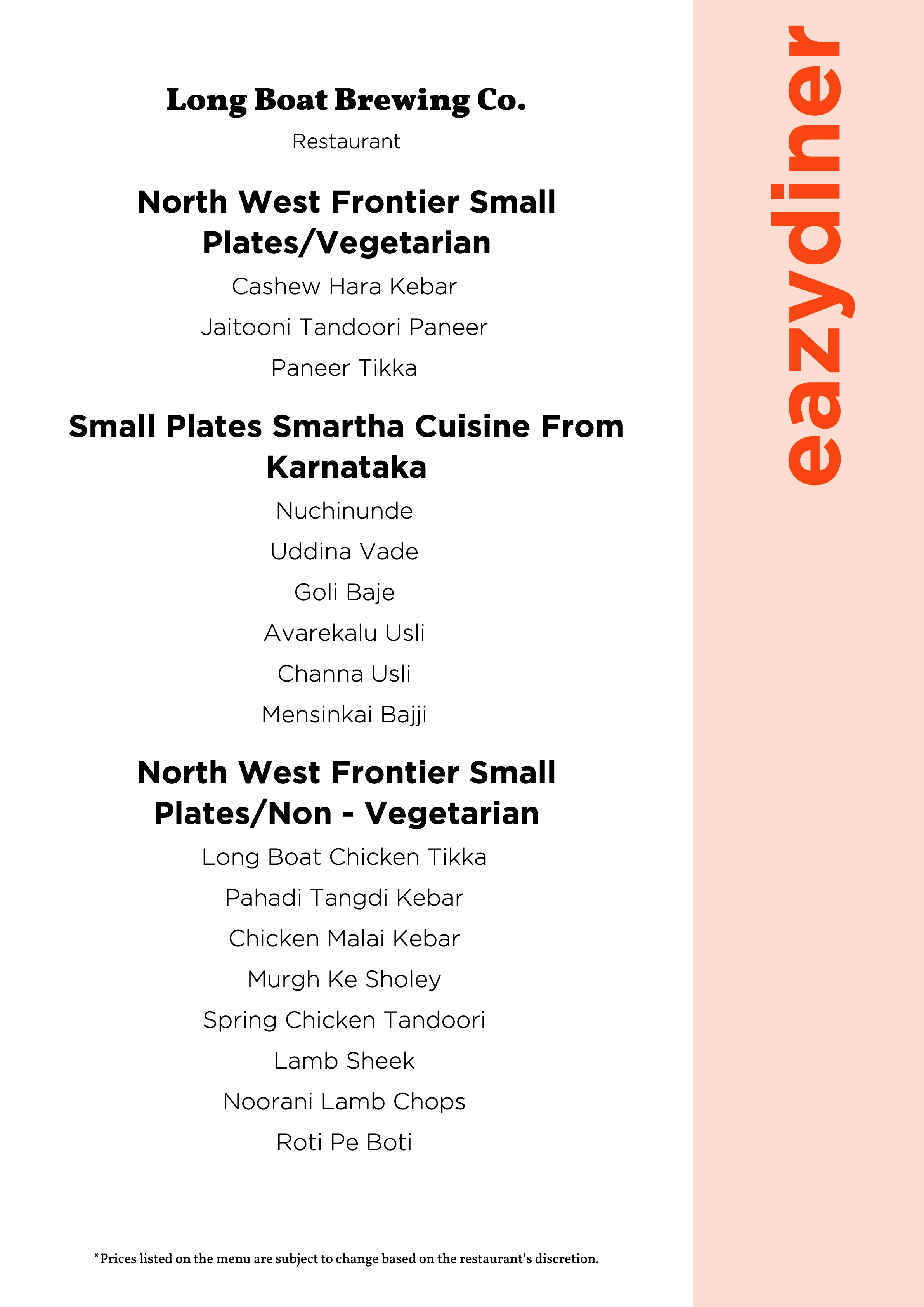 Menu of Long Boat Brewing Co., Marathahalli, East Bengaluru