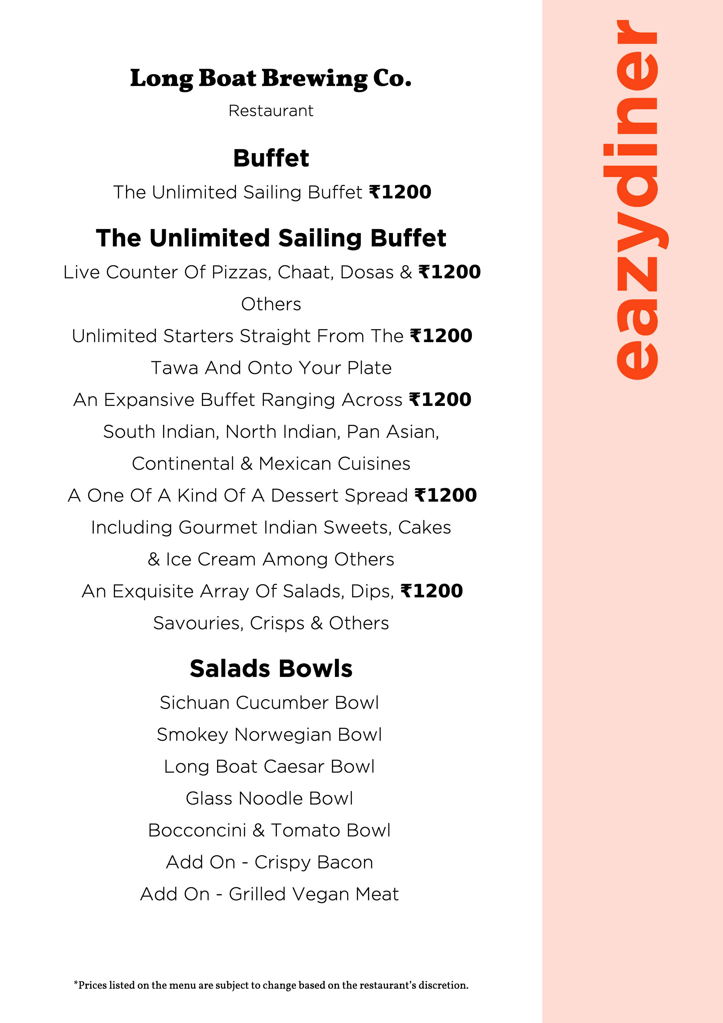 Menu of Long Boat Brewing Co., Marathahalli, East Bengaluru