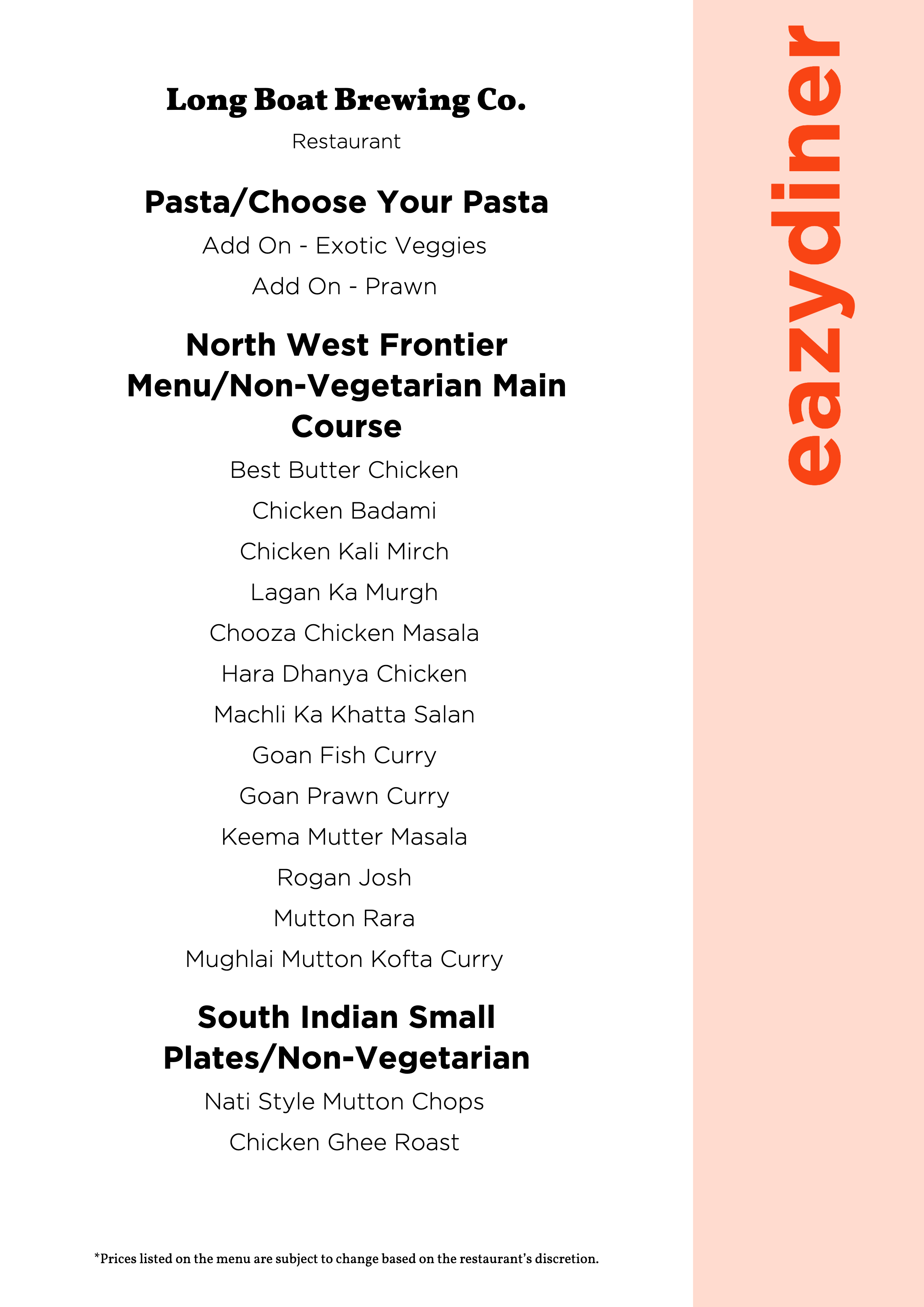 Menu of Long Boat Brewing Co., Marathahalli, East Bengaluru
