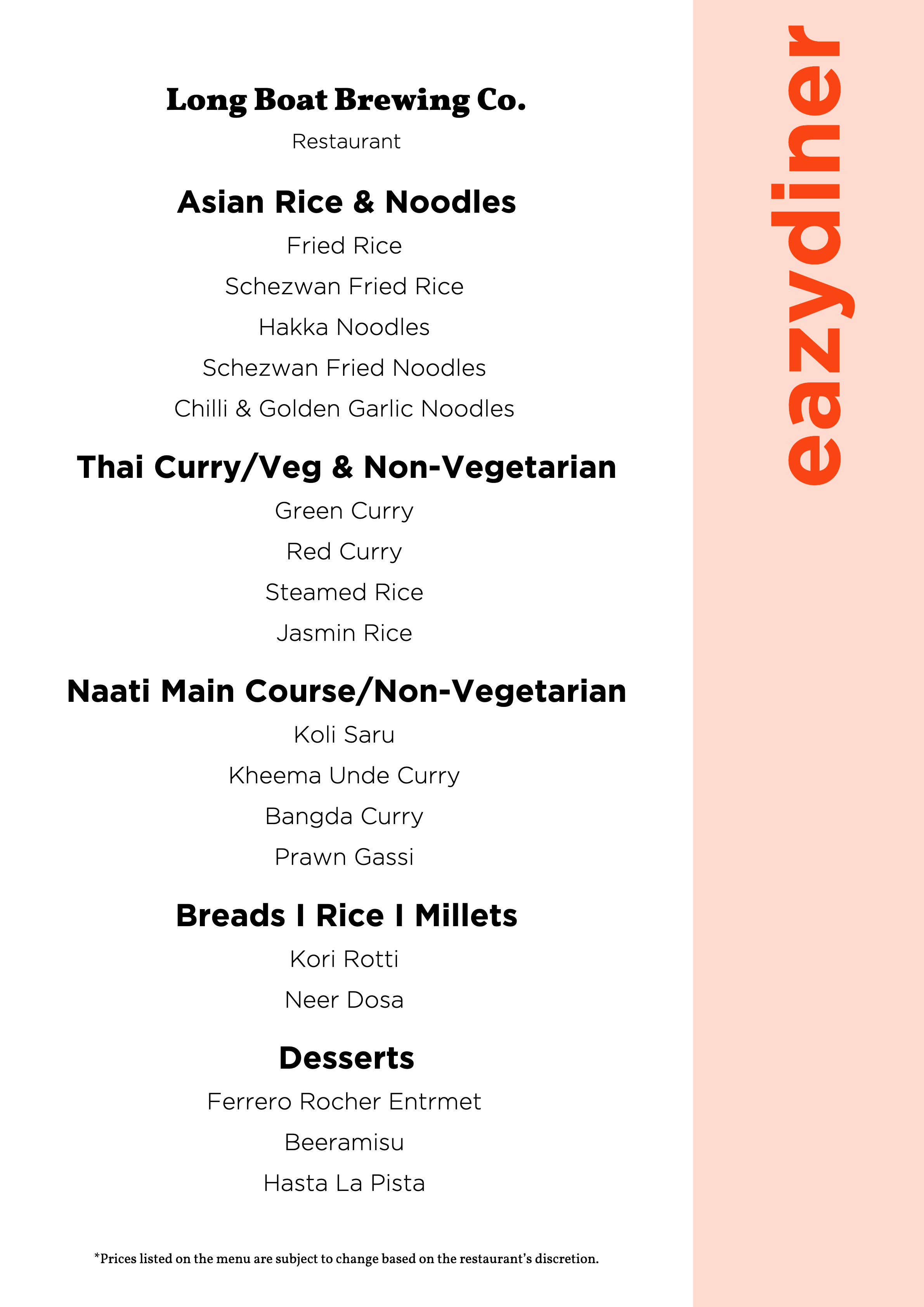 Menu of Long Boat Brewing Co., Marathahalli, East Bengaluru
