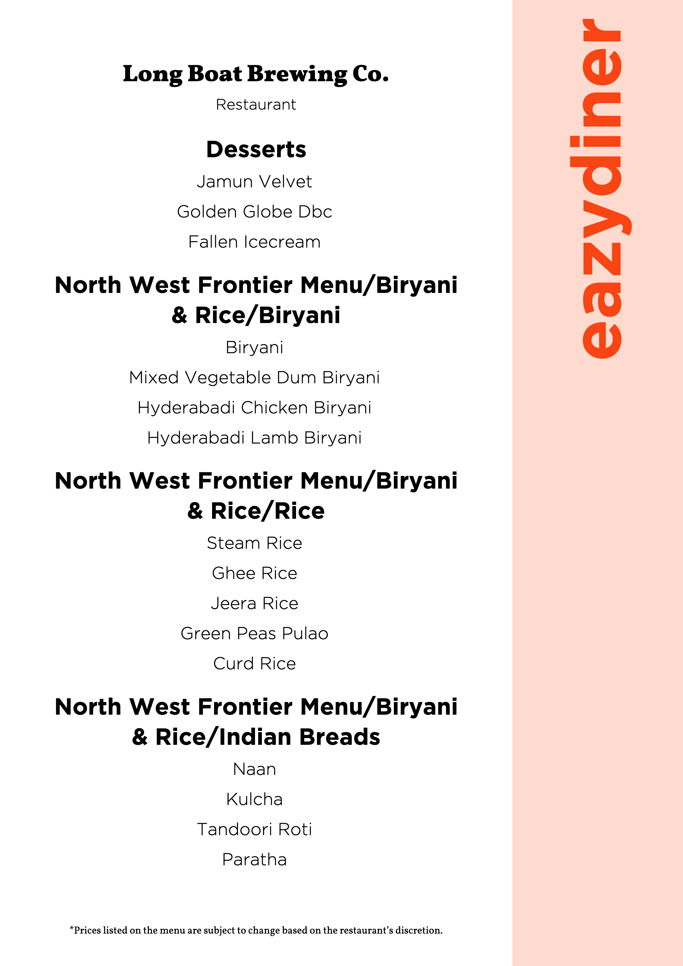 Menu of Long Boat Brewing Co., Marathahalli, East Bengaluru