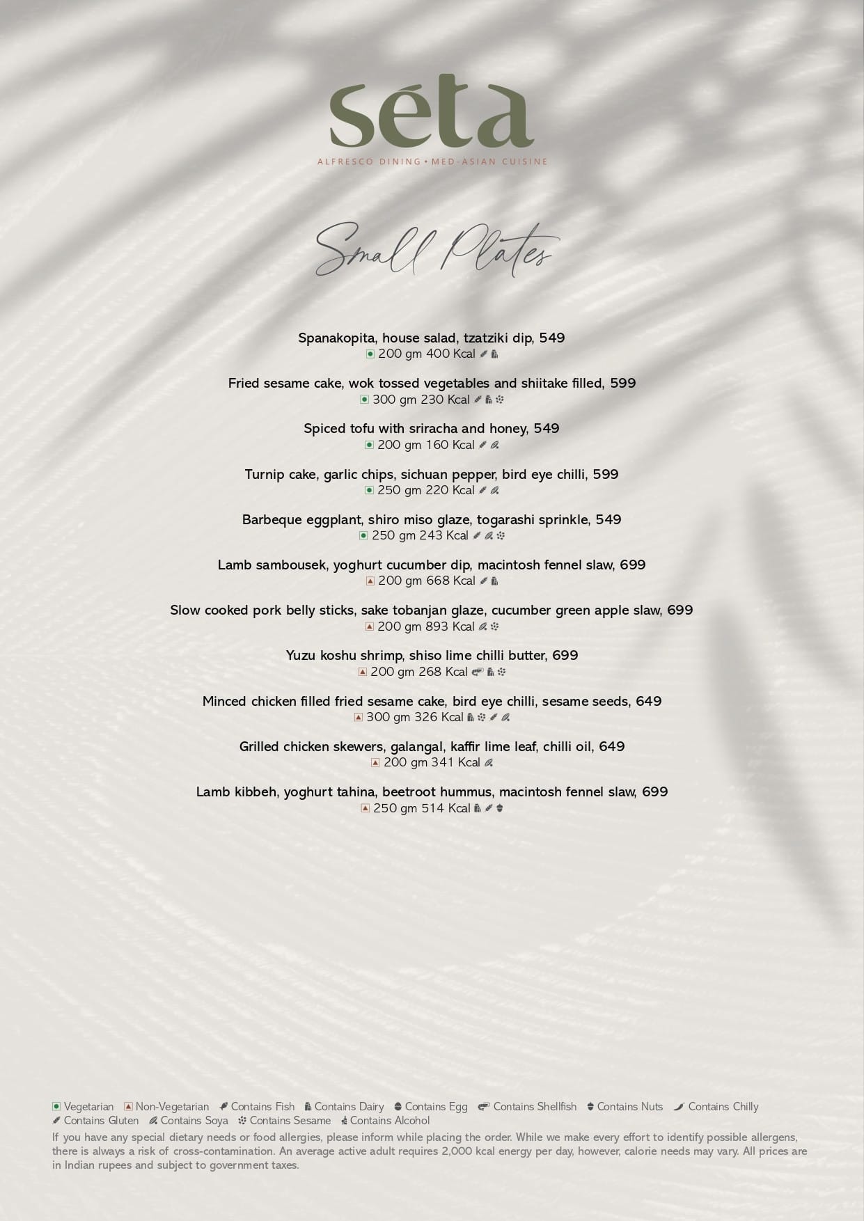 Menu of Seta, Hilton Bangalore Embassy GolfLinks