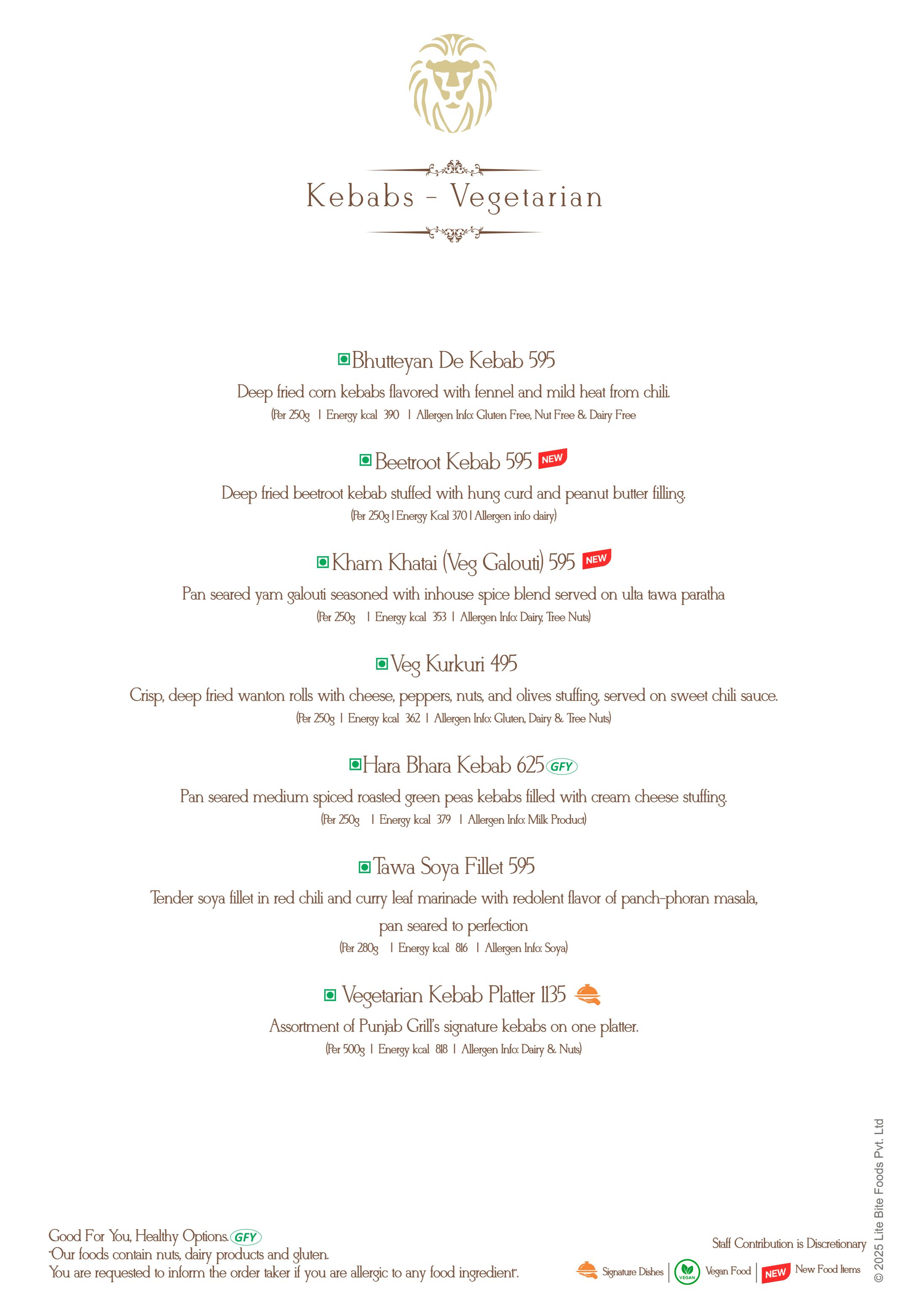 Dining Experience for Two at Punjab Grill, Bengaluru — Food menu