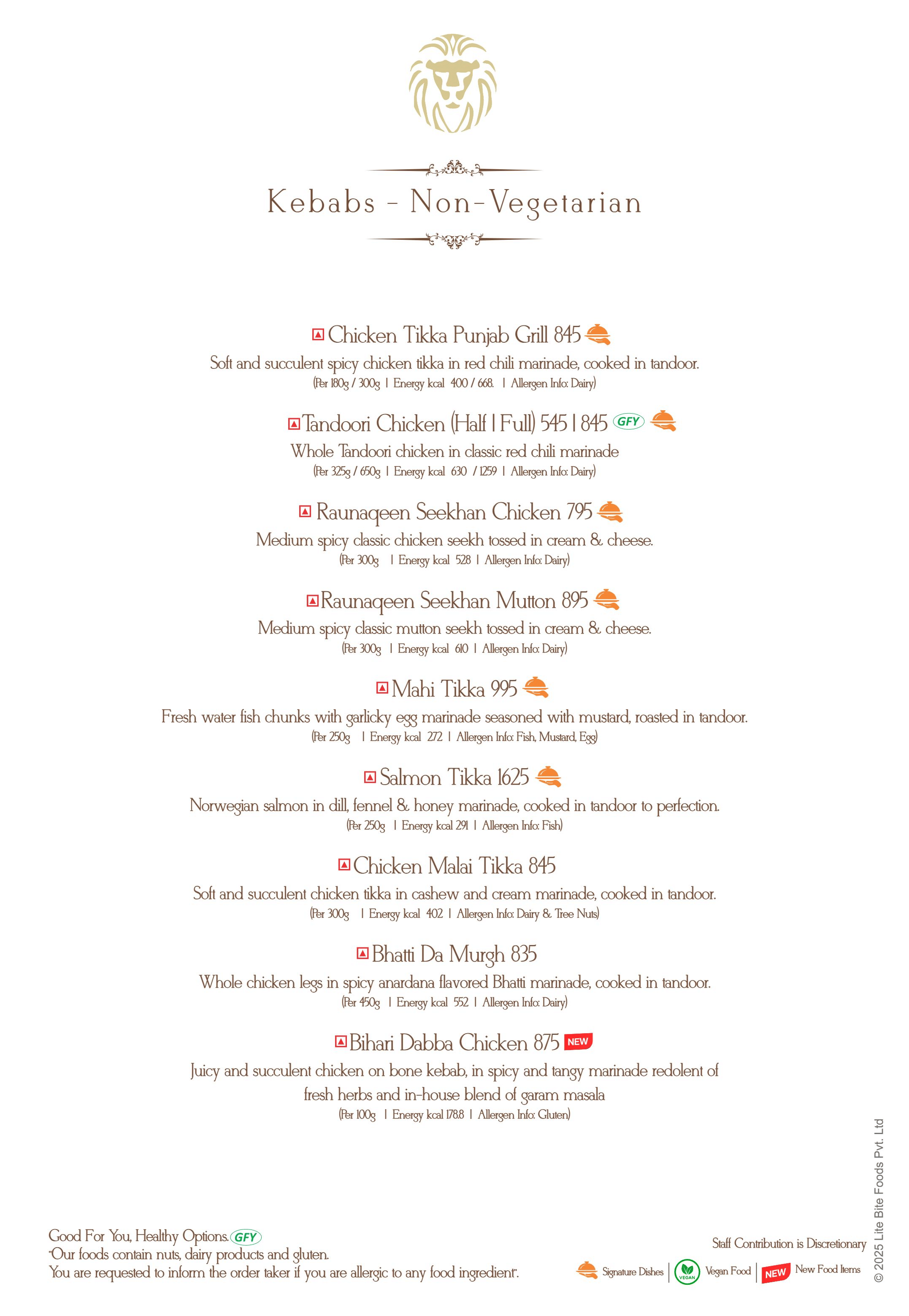 Dining Experience for Two at Punjab Grill, Bengaluru — Food menu