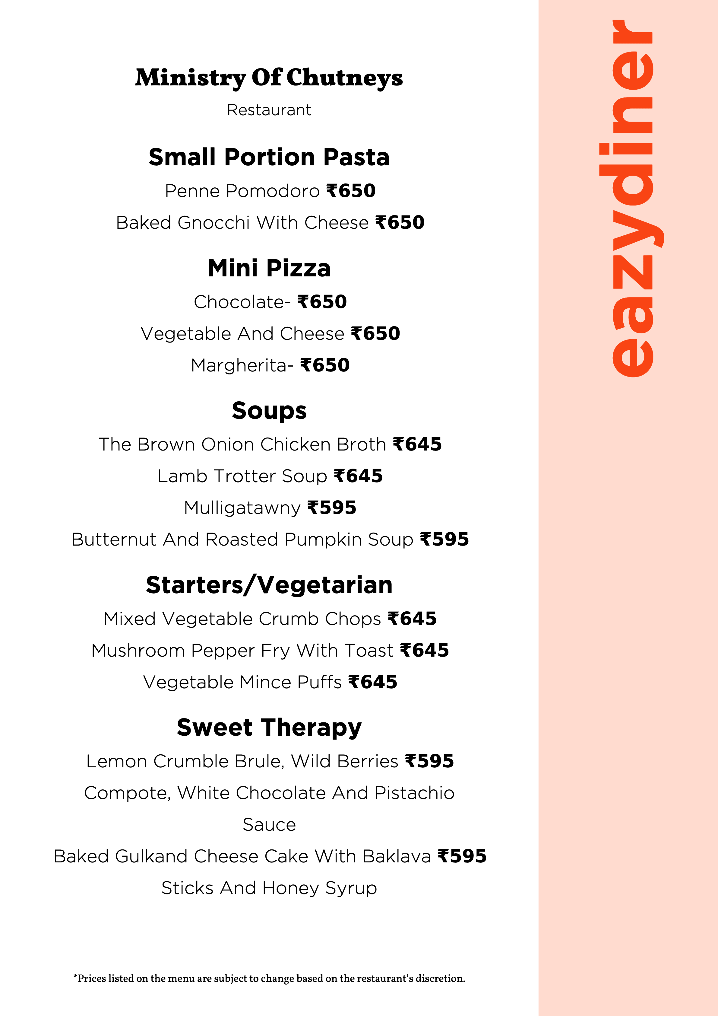 Menu of Ministry of Chutneys, Radisson Blu GRT Hotel, Chennai
