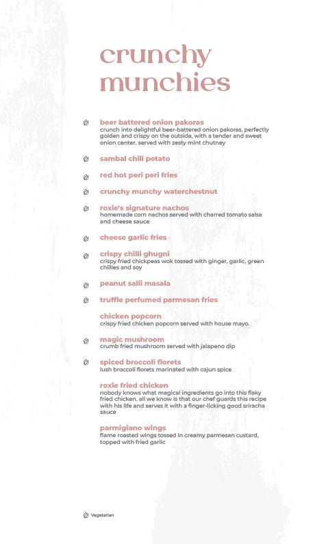 Dining Experience for Two at Roxie, South Bengaluru — Food menu