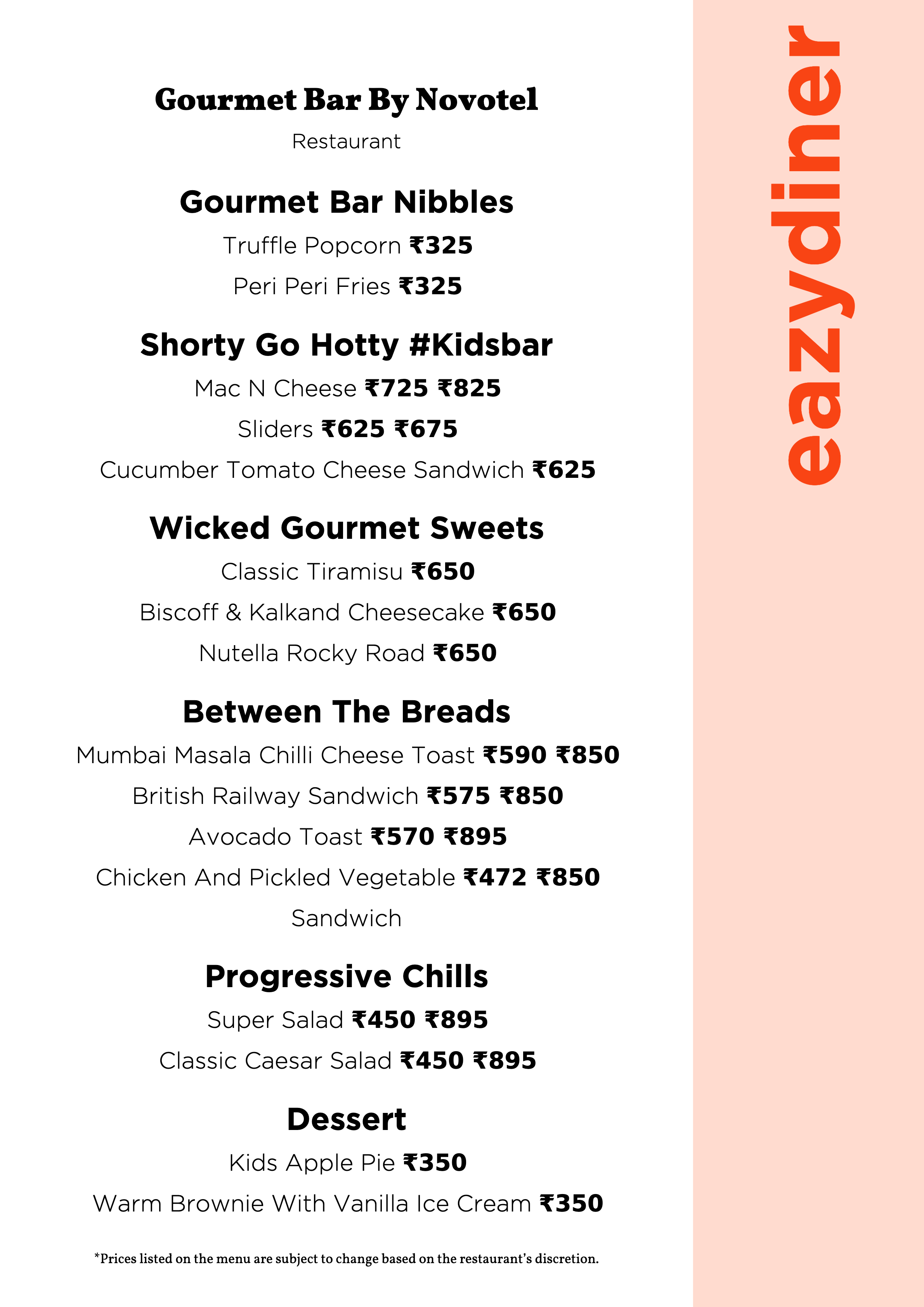 Dining Experience for Two at Gourmet Bar By Novotel, Novotel Mumbai International Airport — Food menu