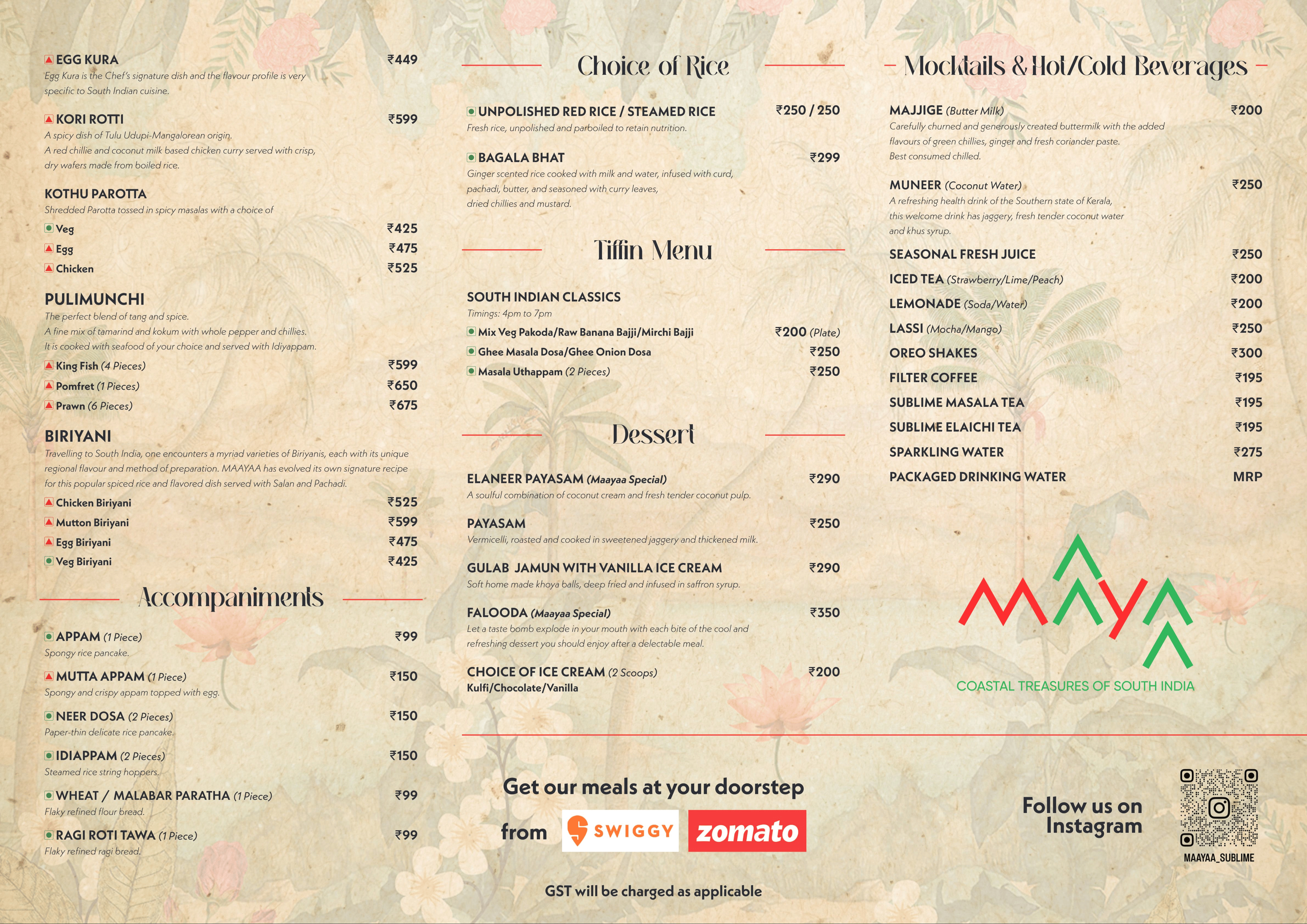 Dining Experience for Two at Maayaa, Bengaluru — Food menu