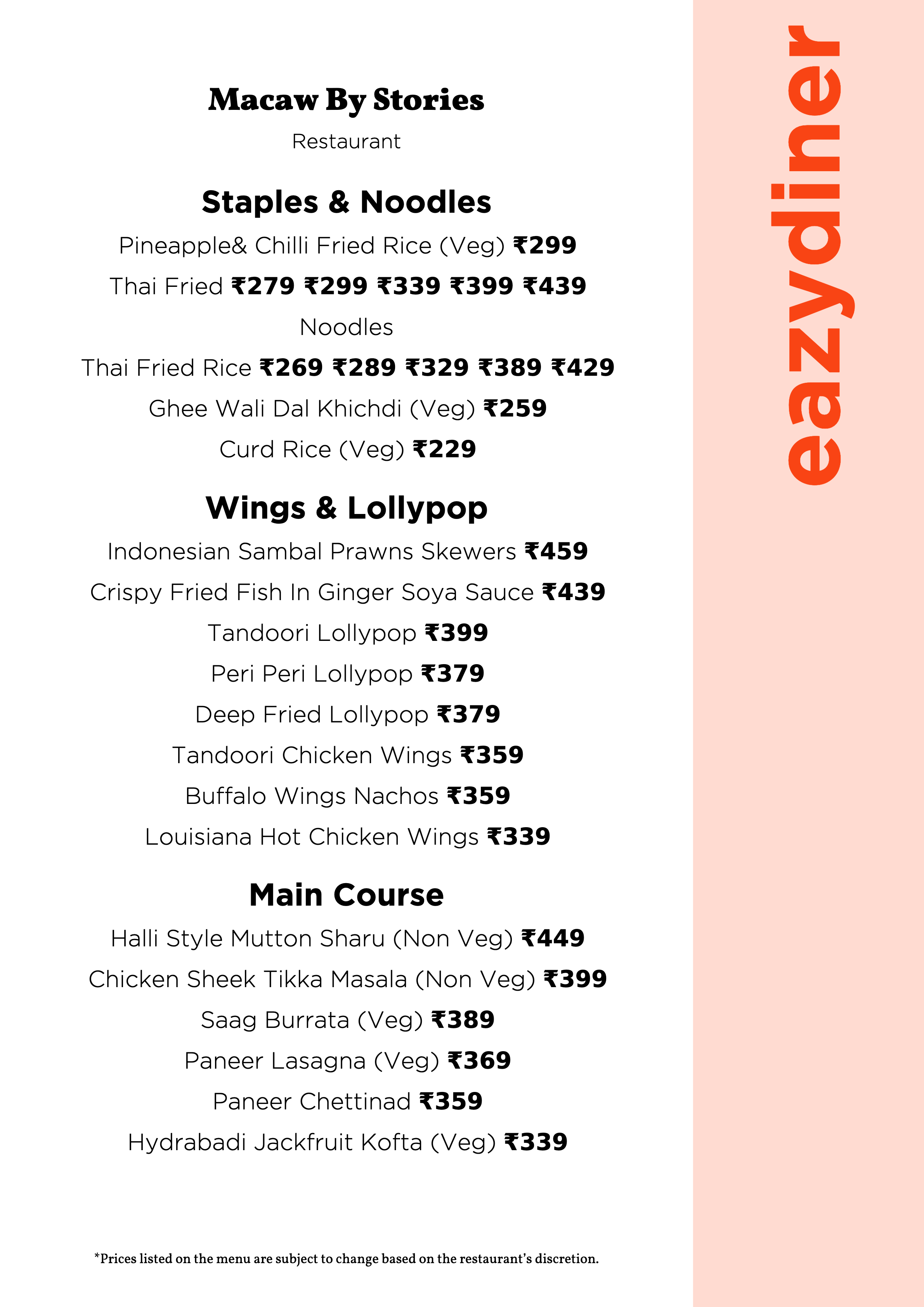 Menu of Macaw By Stories, Singsandra Hosur Main Road