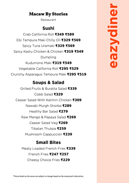 Macaw Menu Menu of Macaw By Stories, Singsandra Hosur Main Road