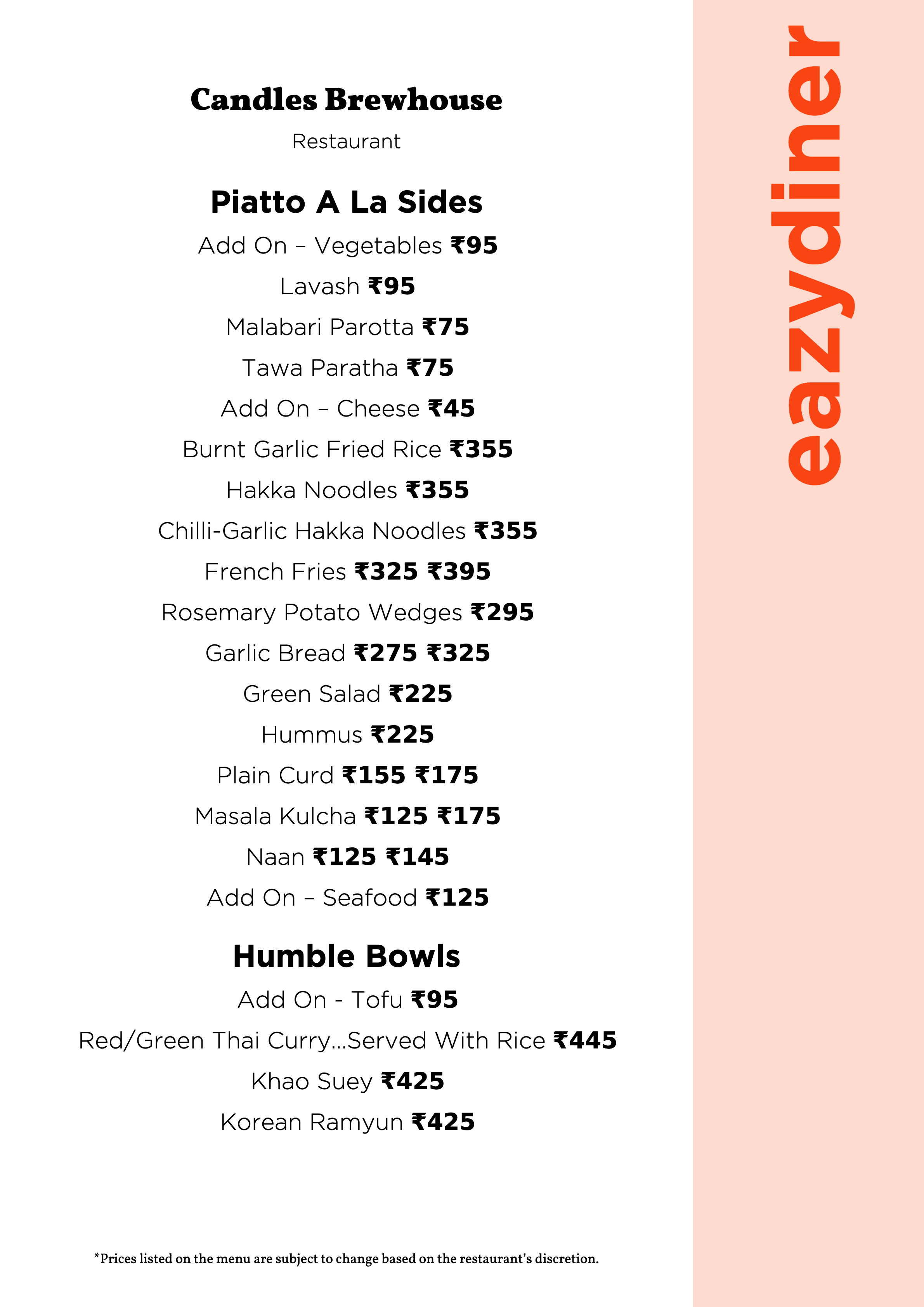 Menu of Candles Brewhouse, Hebbal, North Bengaluru