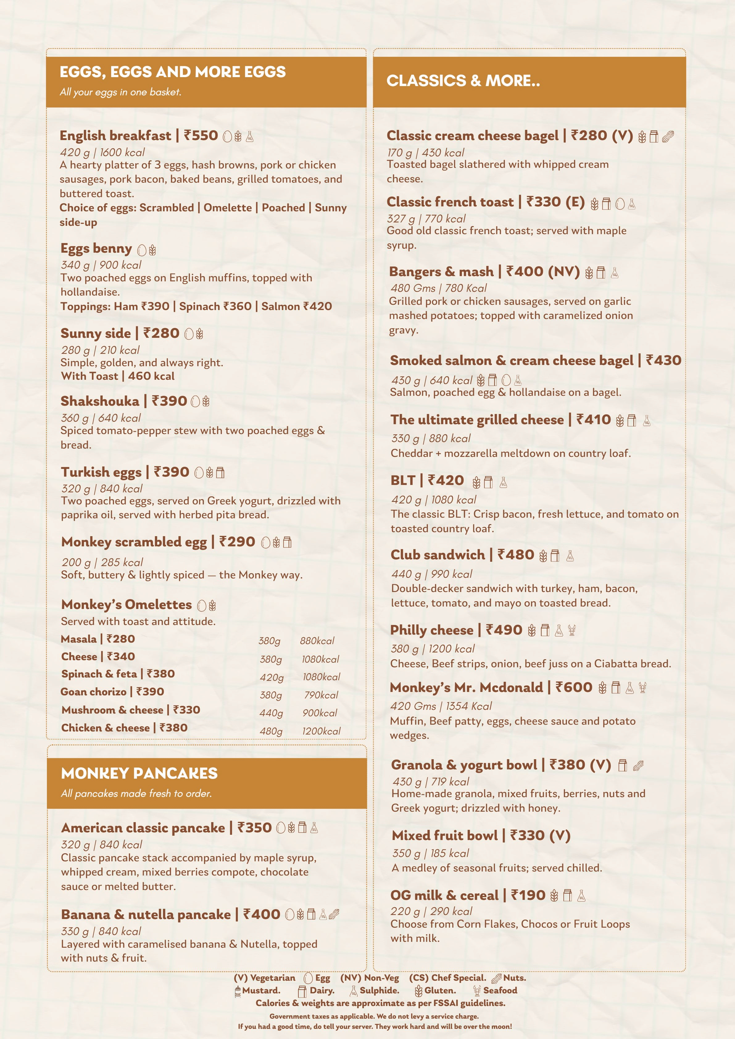 Dining Experience for Two at Monkey Bar, Bengaluru — Food menu