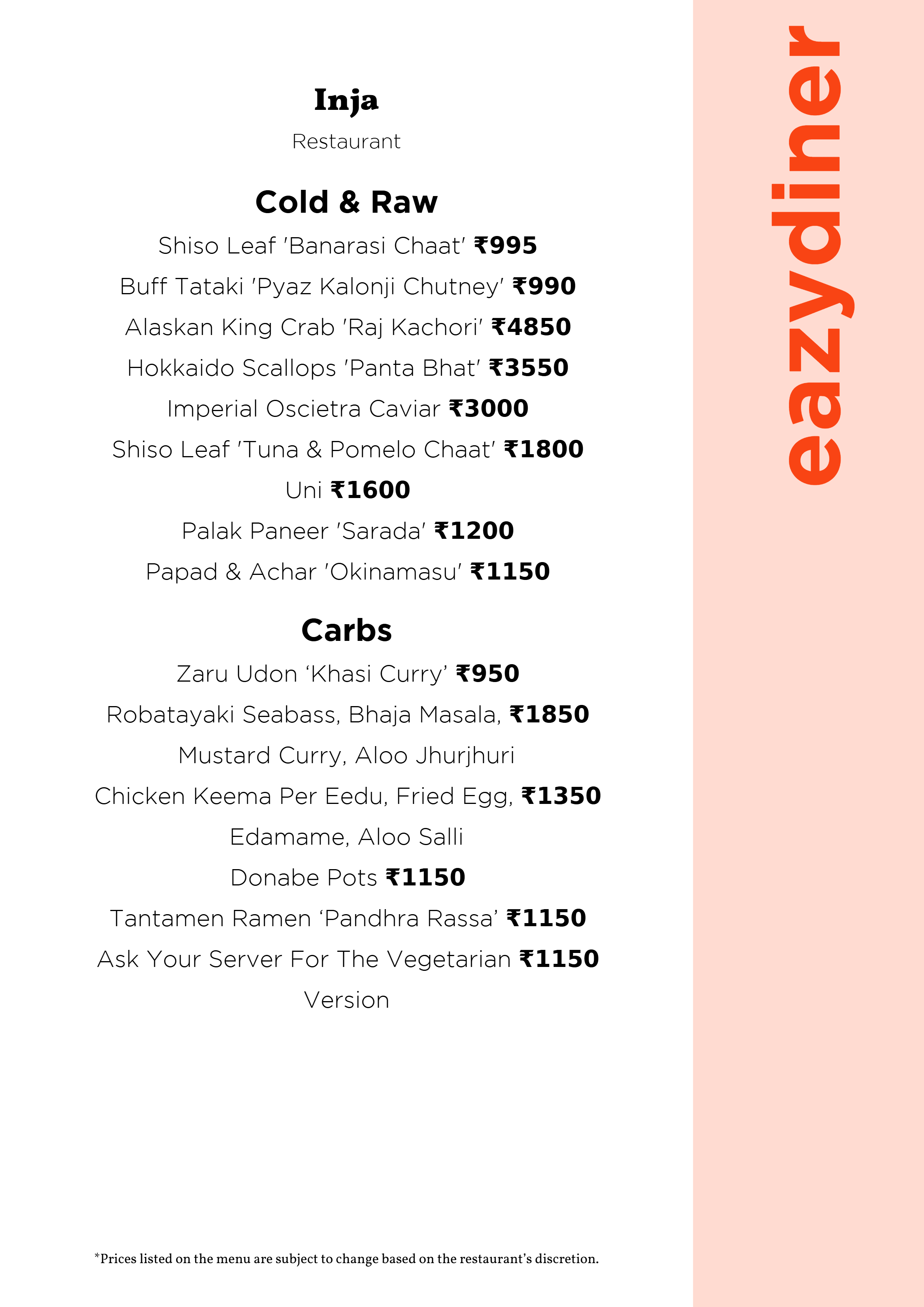 Dining Experience for Two at INJA, South Delhi — Food menu