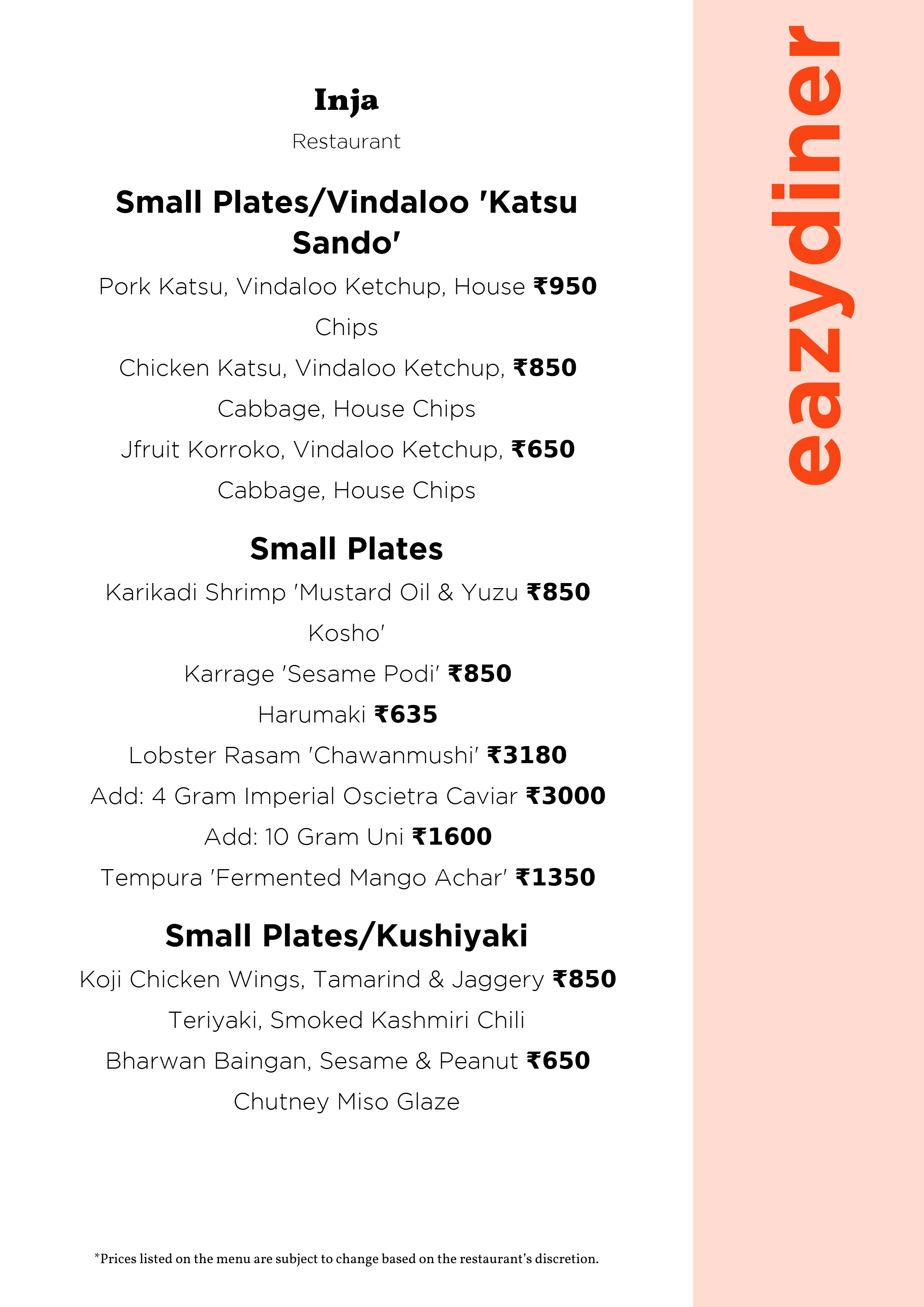 Dining Experience for Two at INJA, South Delhi — Food menu