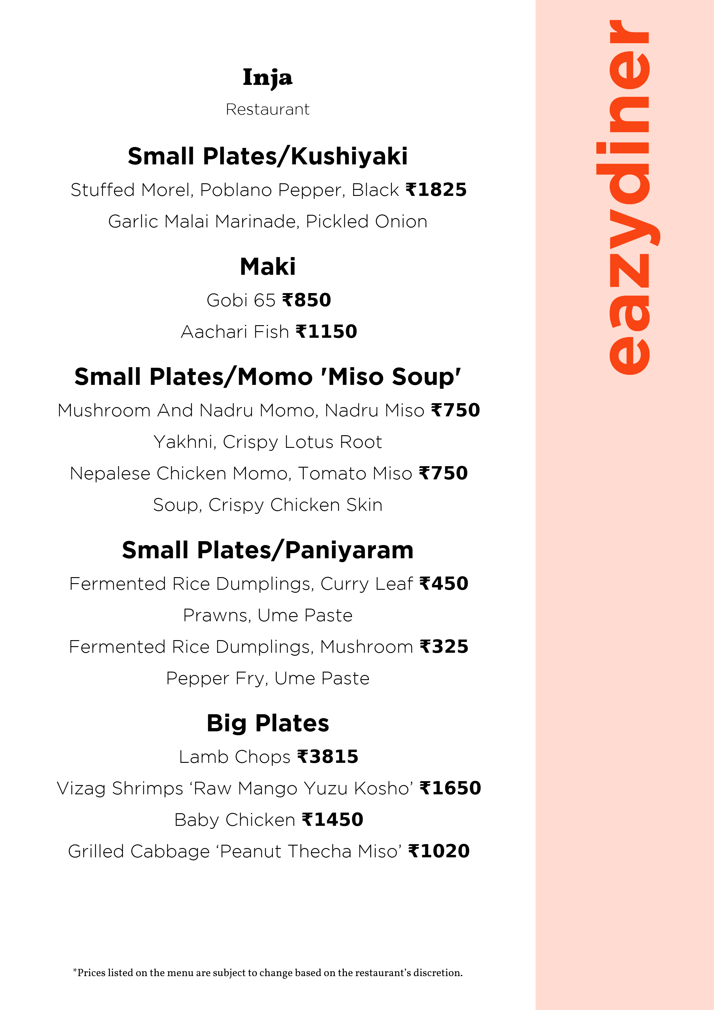 Dining Experience for Two at INJA, South Delhi — Food menu