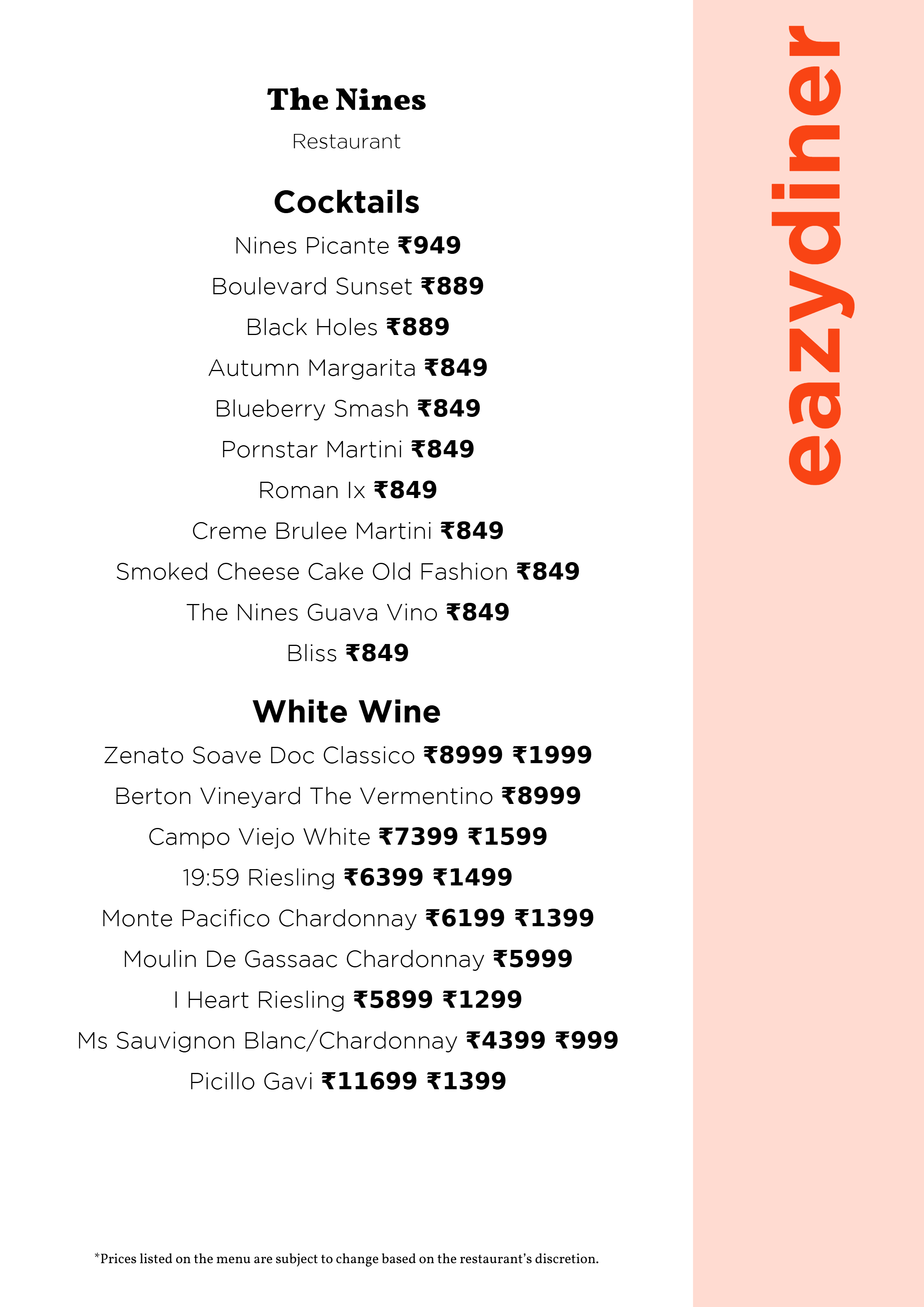 Menu of The Nines, Juhu, Western Suburbs