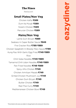 Menu of The Nines, Juhu, Western Suburbs