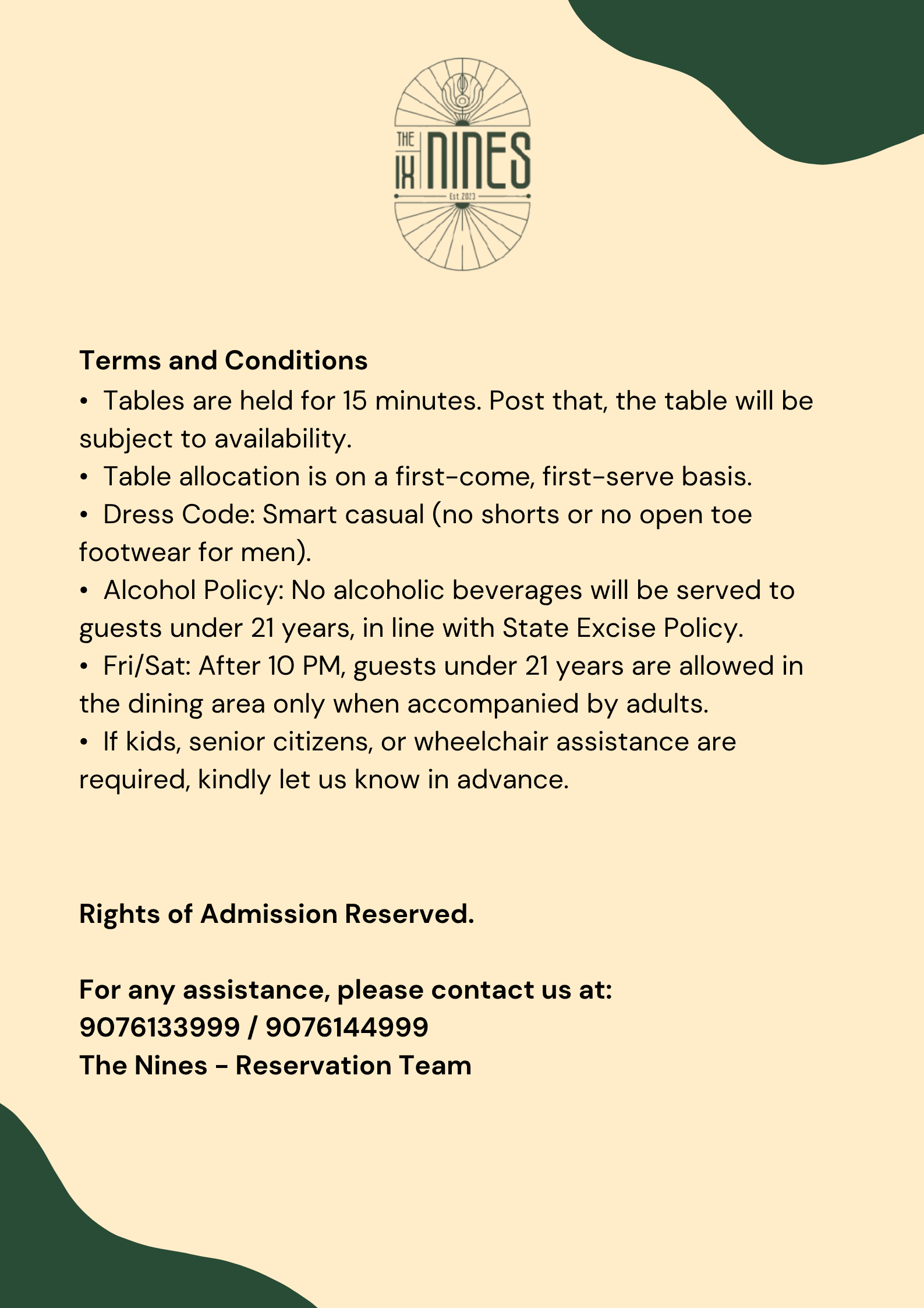 Menu of The Nines, Juhu, Western Suburbs