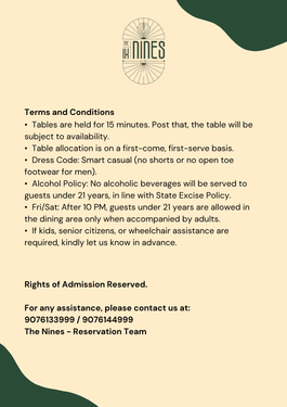 Menu of The Nines, Juhu, Western Suburbs