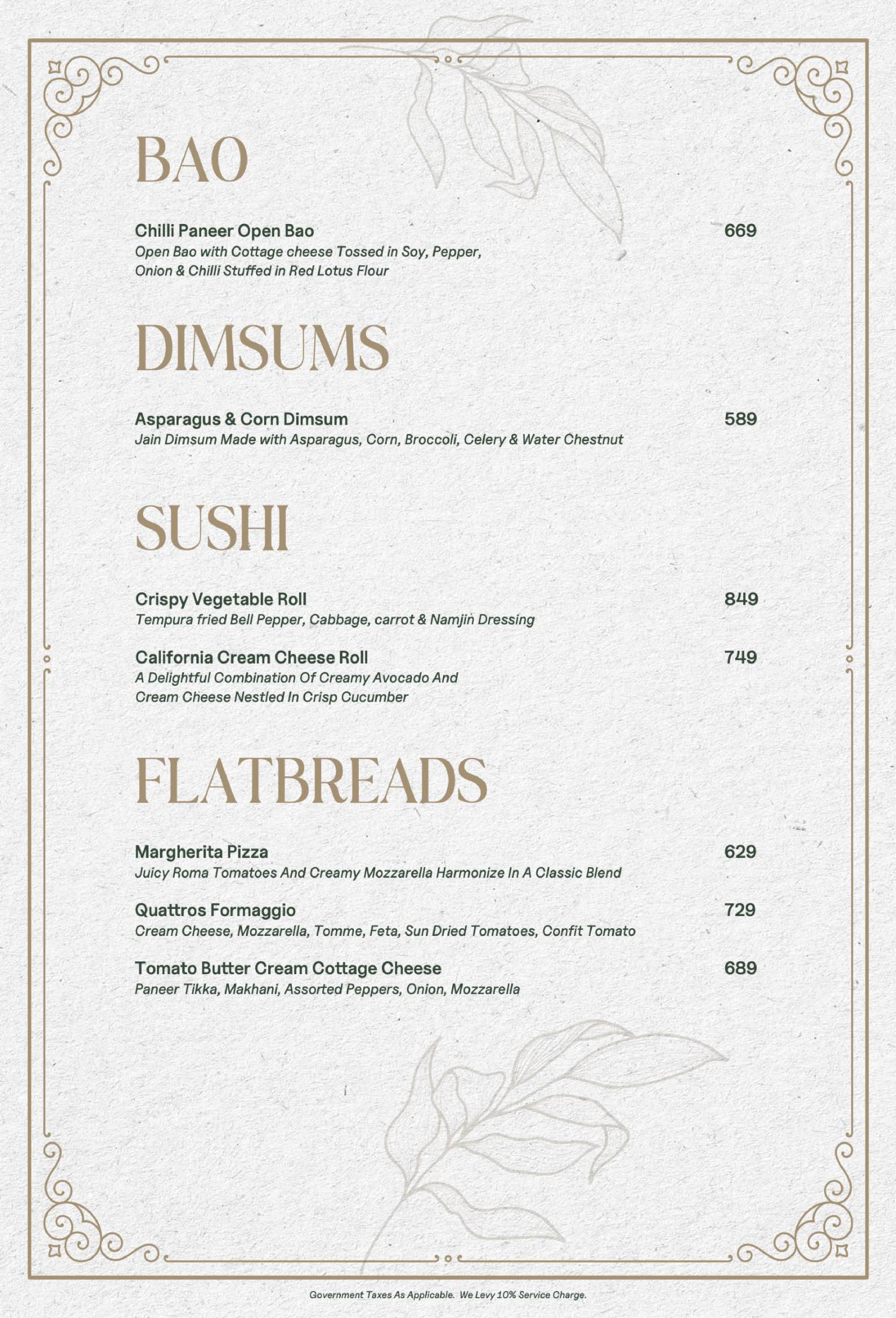 Menu of The Nines, Juhu, Western Suburbs