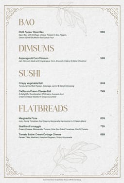 Menu of The Nines, Juhu, Western Suburbs