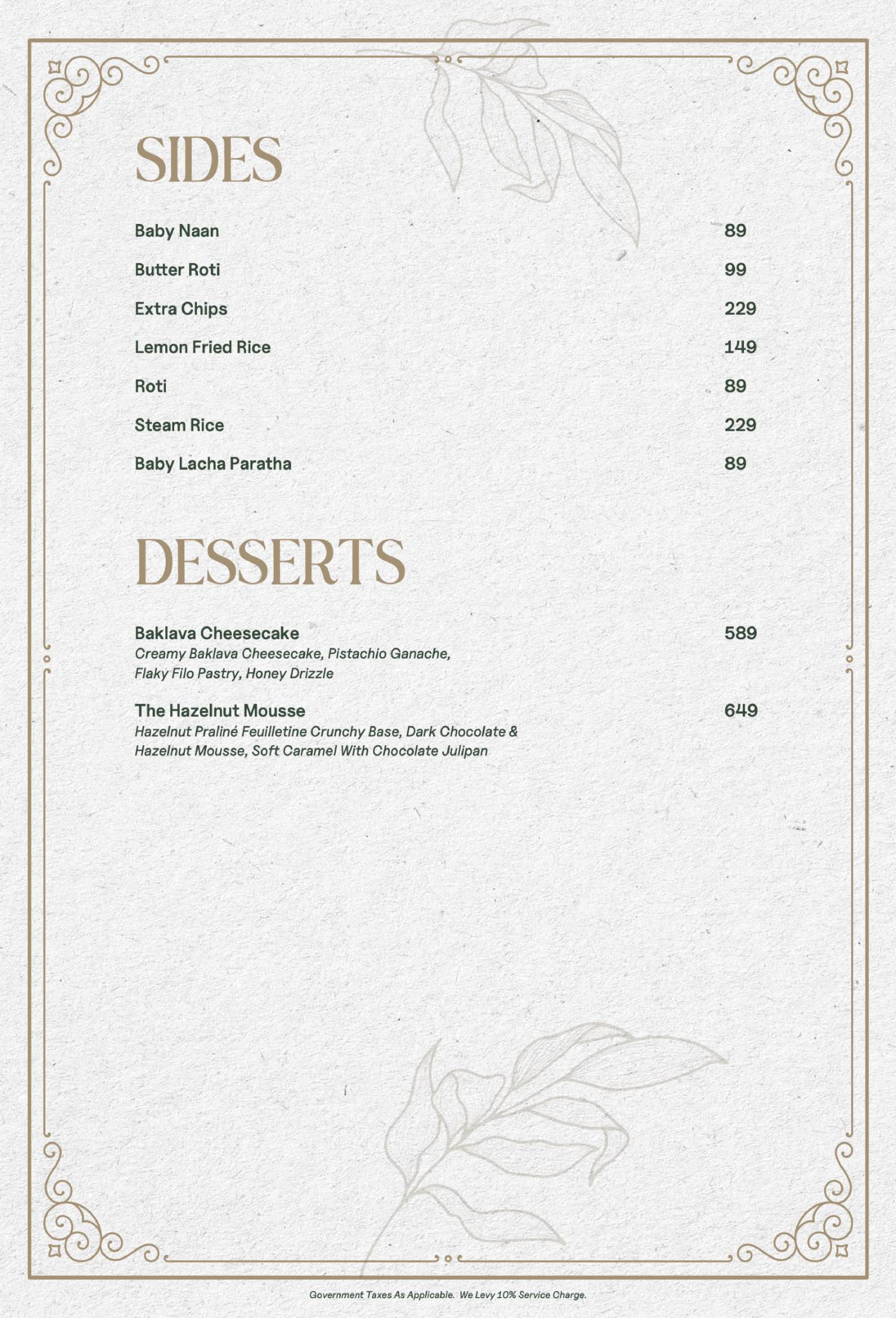 Menu of The Nines, Juhu, Western Suburbs