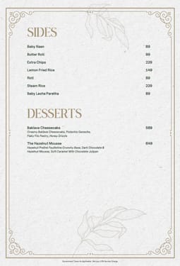 Menu of The Nines, Juhu, Western Suburbs