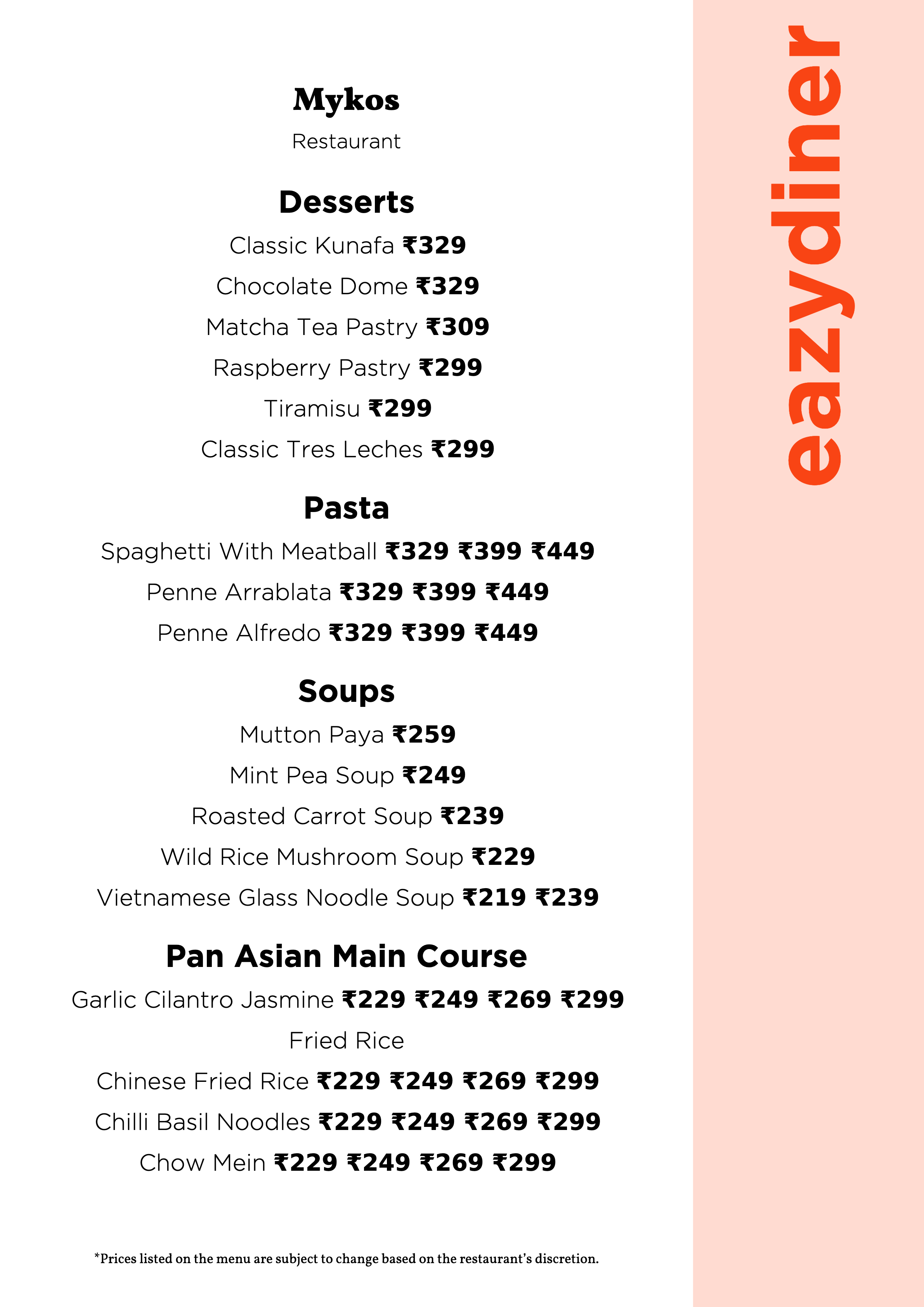 Menu of Mykos, Bannerghatta Road, South Bengaluru