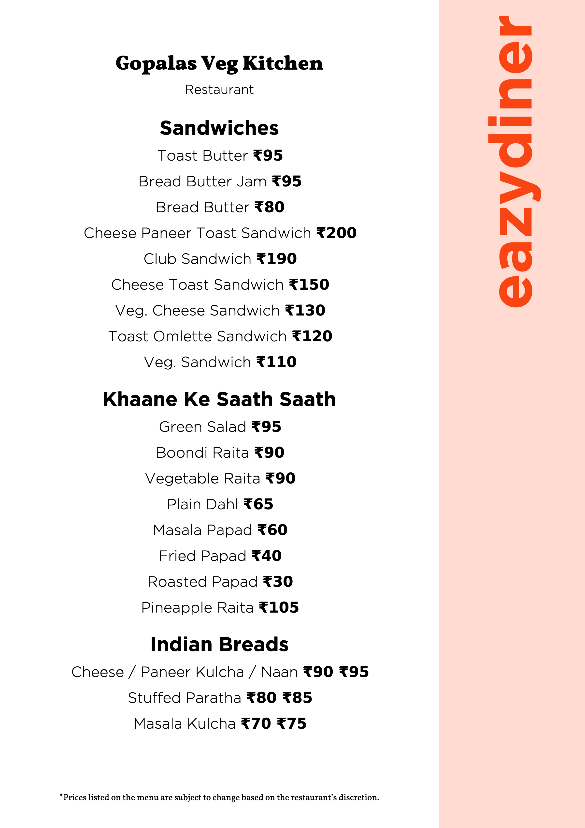 Menu of Gopalas Veg Kitchen, Kanjurmarg West, Central Mumbai