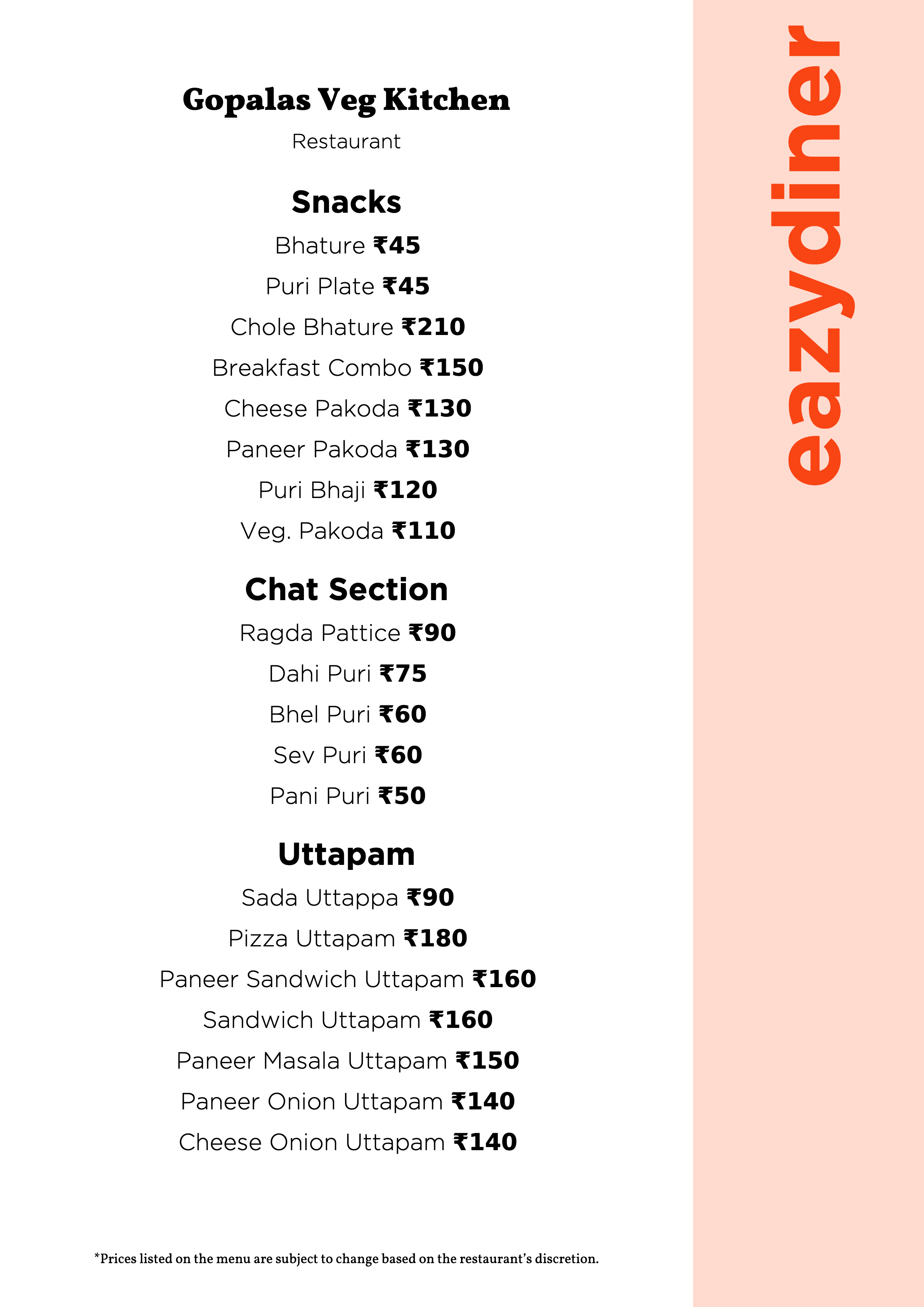 Menu of Gopalas Veg Kitchen, Kanjurmarg West, Central Mumbai
