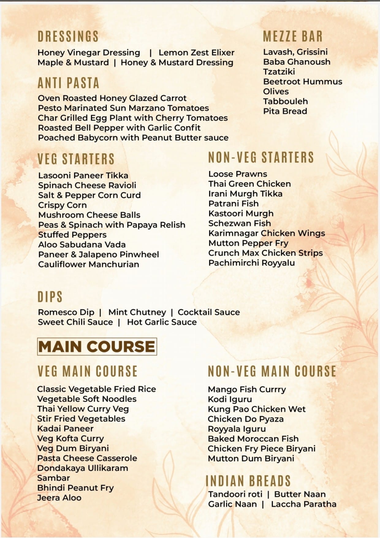 Menu of Masterpiece, Gachibowli, Hyderabad