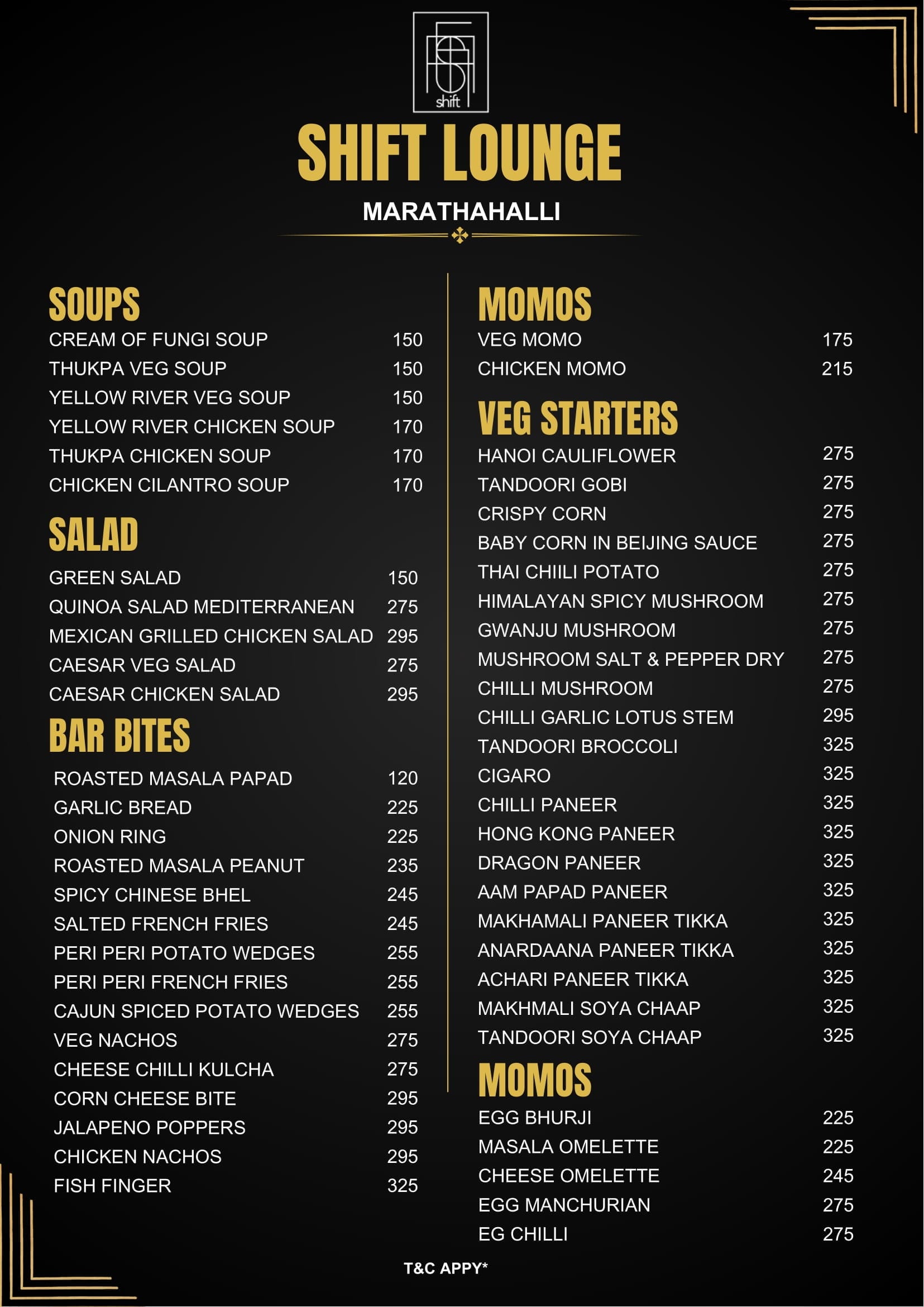 Menu of Shift, Marathahalli, East Bengaluru