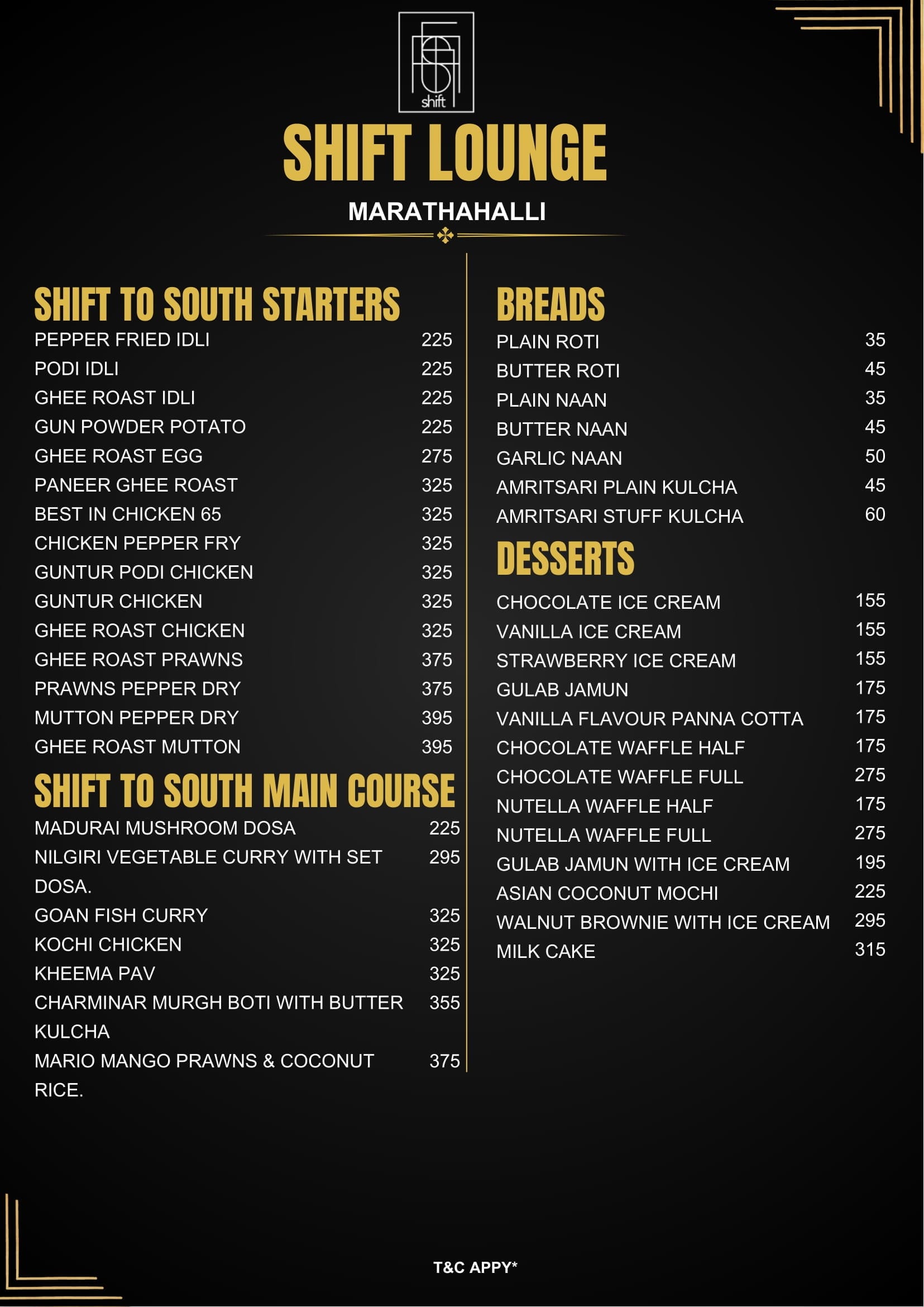 Menu of Shift, Marathahalli, East Bengaluru