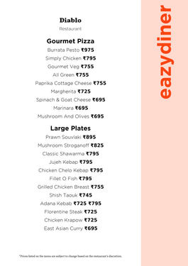 Menu of Diablo, Cyber Hub, Gurgaon