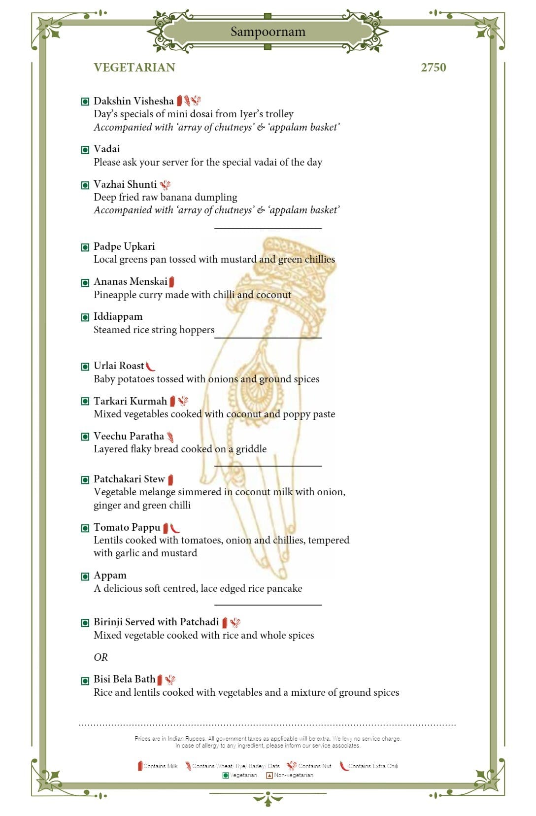 Dining Experience for Two at Dakshin, Mumbai — Food menu