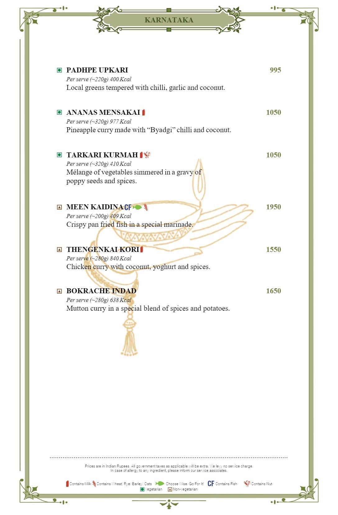 Dining Experience for Two at Dakshin, Mumbai — Food menu