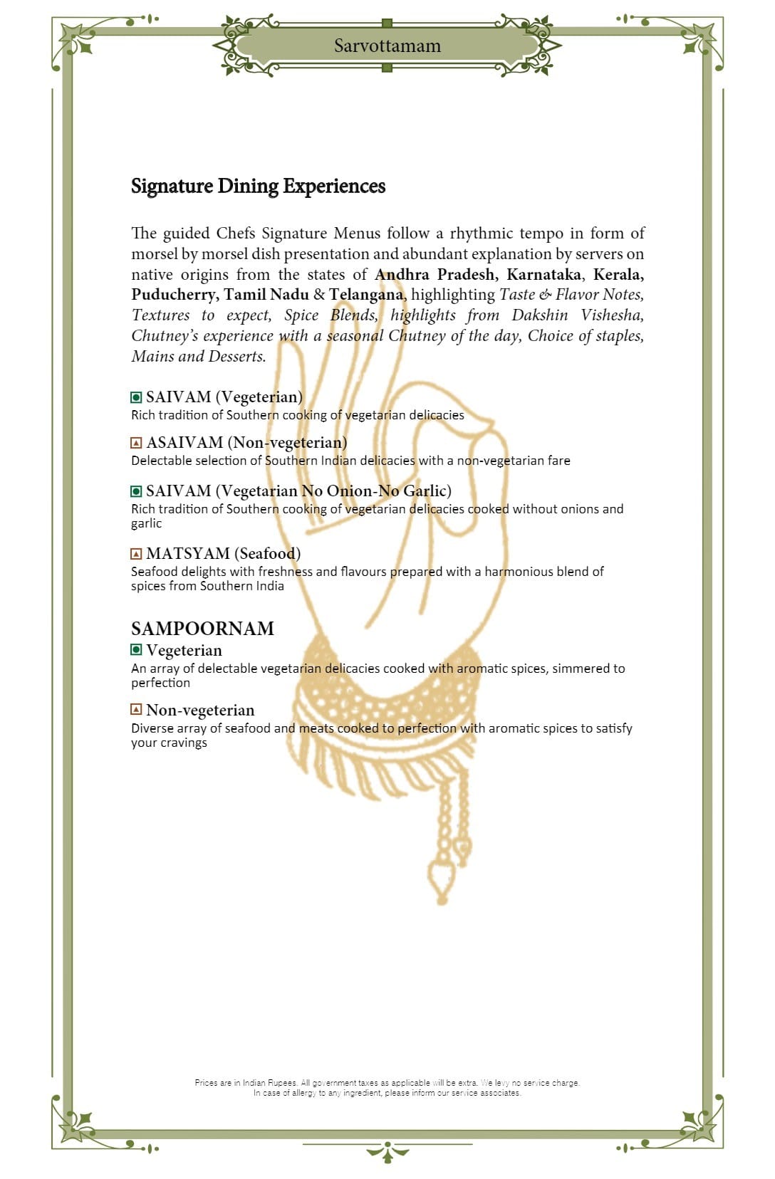 Dining Experience for Two at Dakshin, Mumbai — Food menu