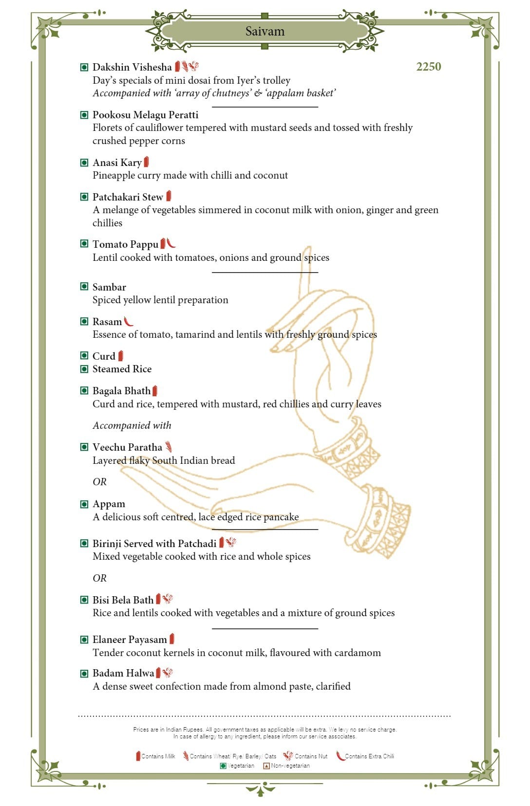 Dining Experience for Two at Dakshin, Mumbai — Food menu