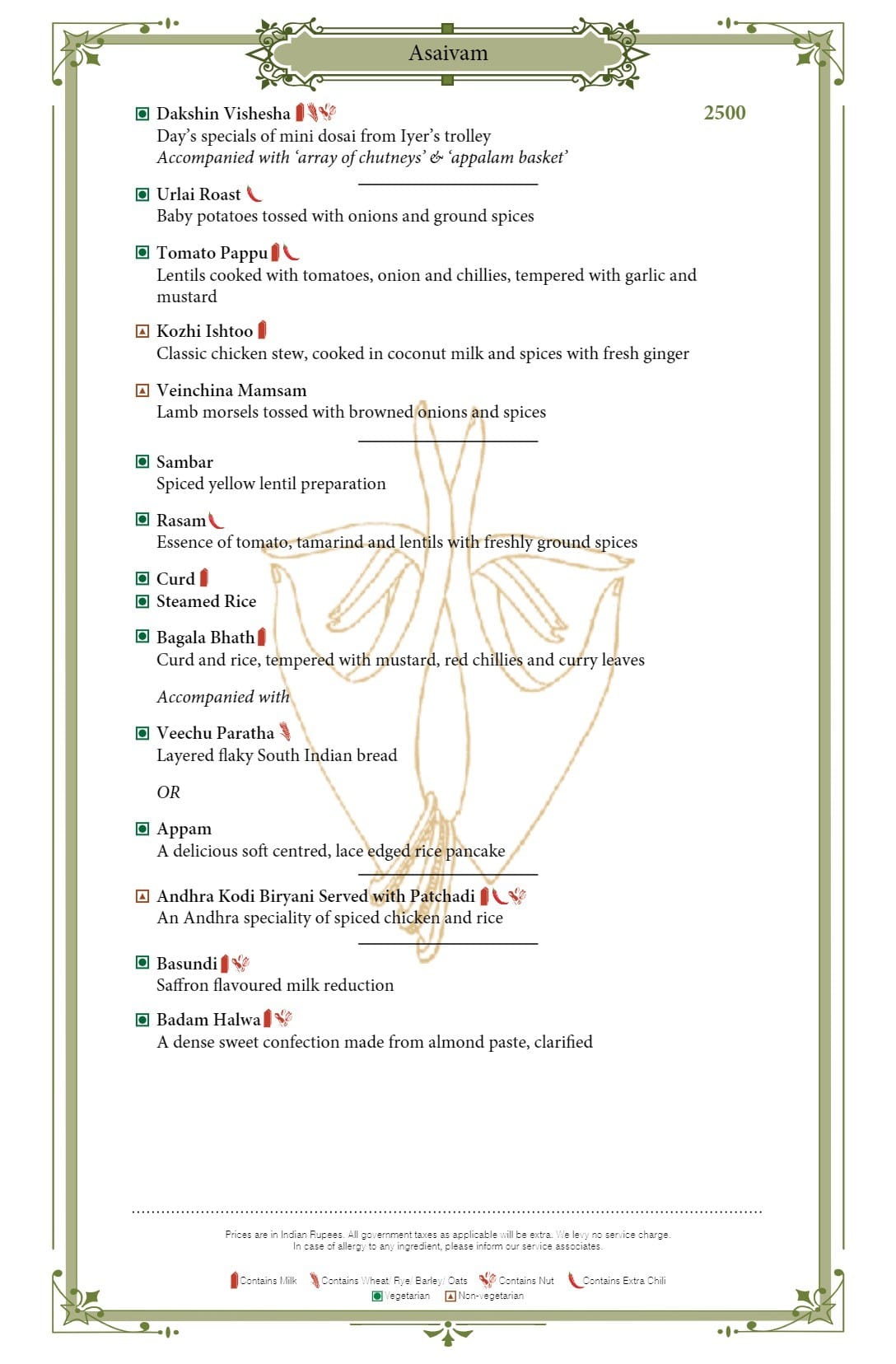 Dining Experience for Two at Dakshin, Mumbai — Food menu