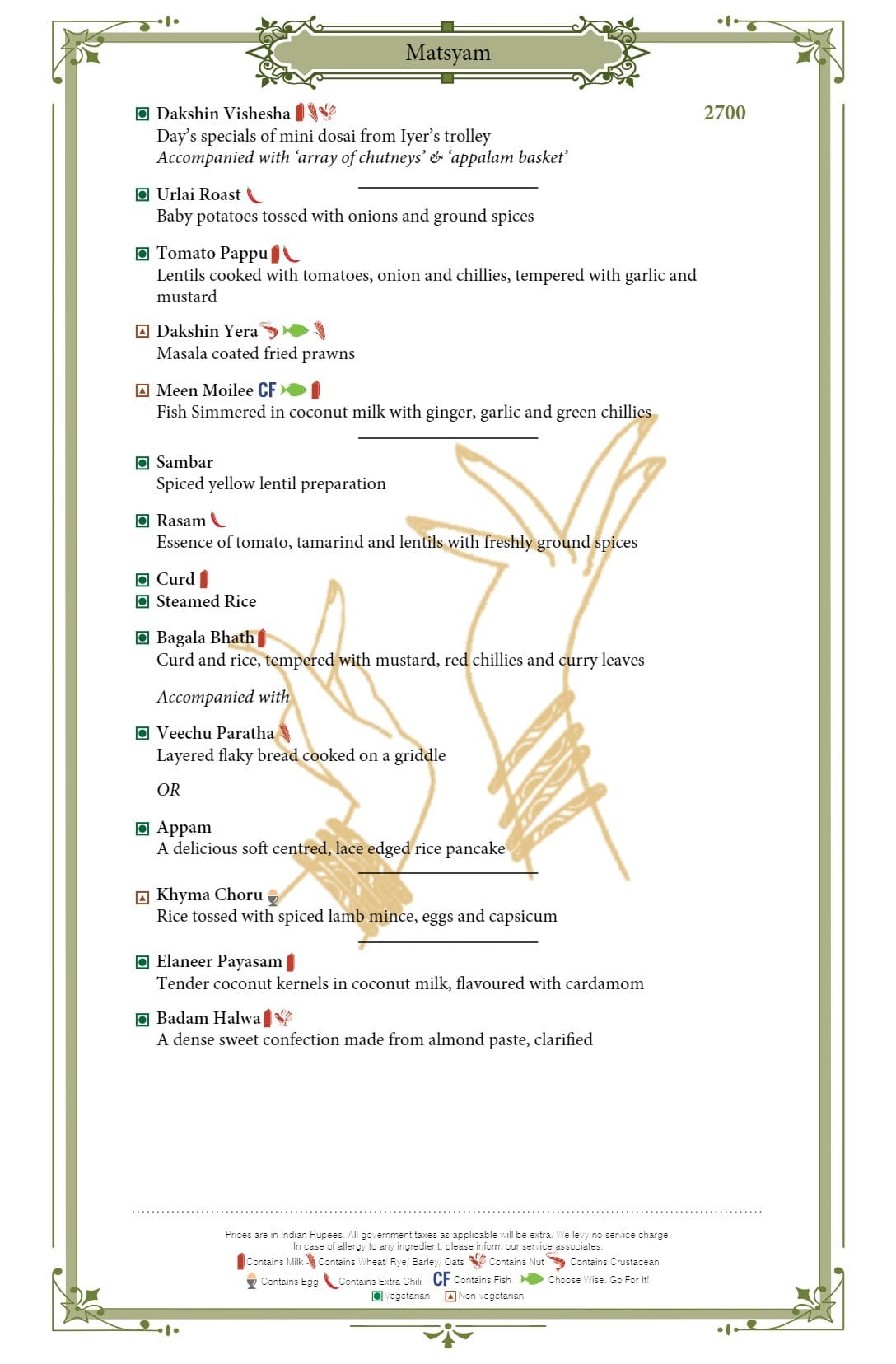 Dining Experience for Two at Dakshin, Mumbai — Food menu
