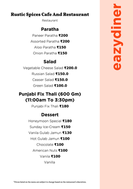 Menu of Rustic Spices Cafe And Restaurant, Bopal, West Ahmedabad