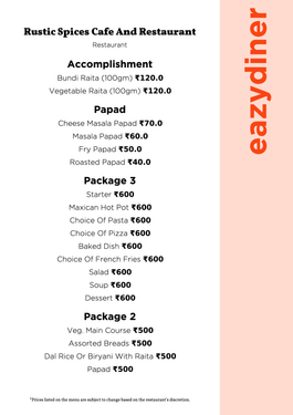 Menu of Rustic Spices Cafe And Restaurant, Bopal, West Ahmedabad