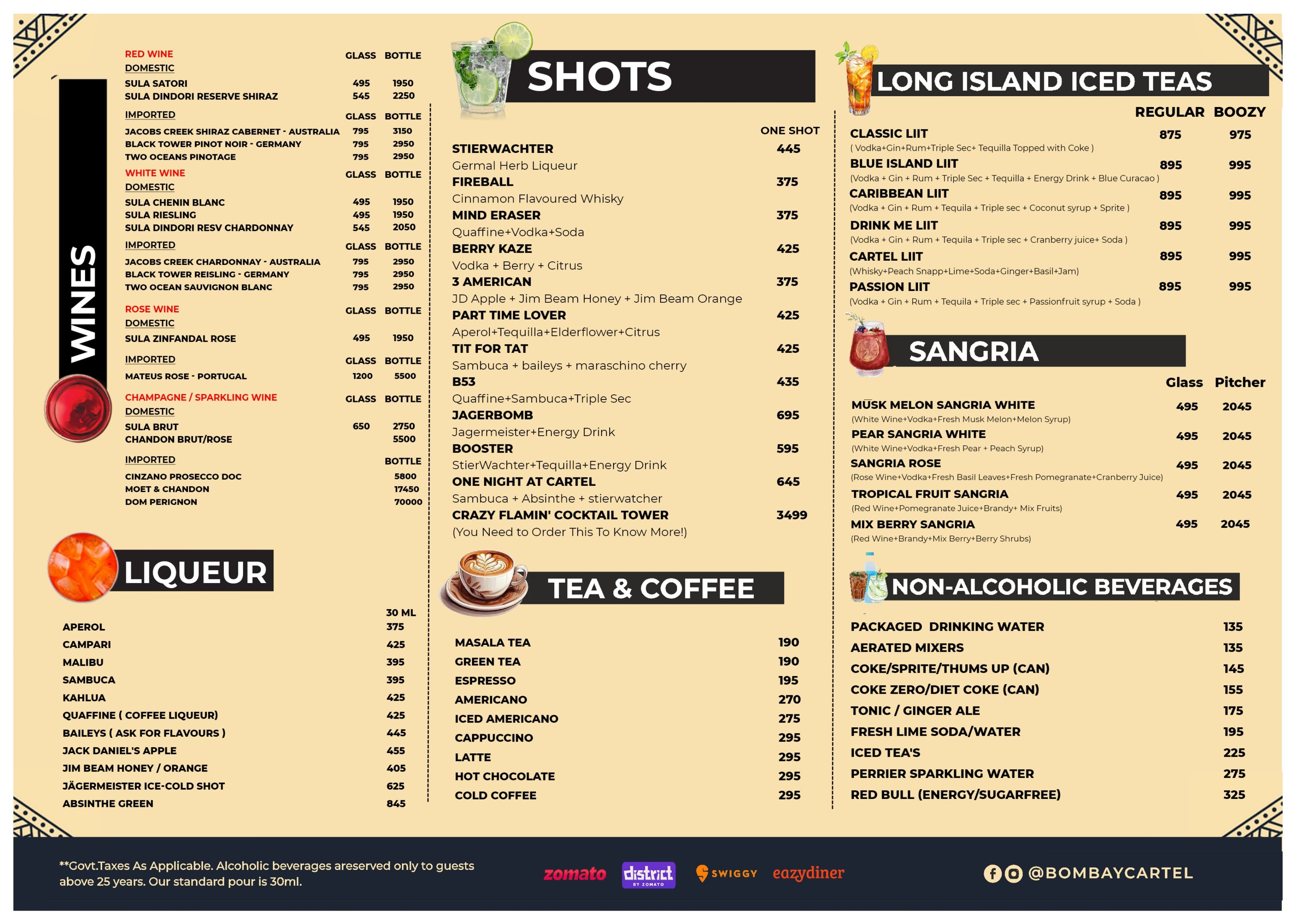 Dining Experience for Two at The Bombay Cartel, South Mumbai — Beverages menu