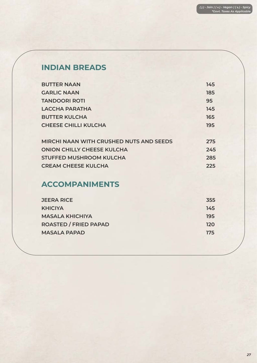 Dining Experience for Two at The Bombay Cartel, South Mumbai — Food menu