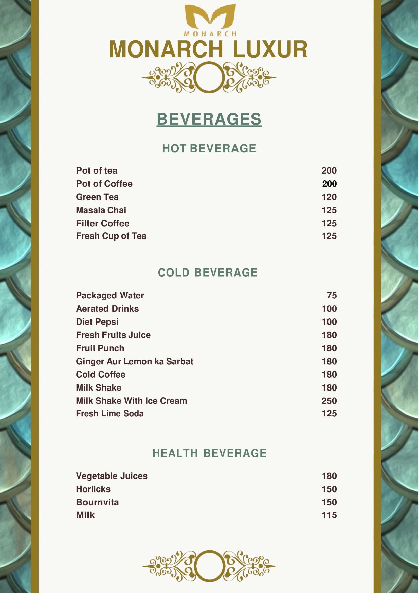 Dining Experience for Two at Monarch Cafe, Central Bengaluru — Beverages menu